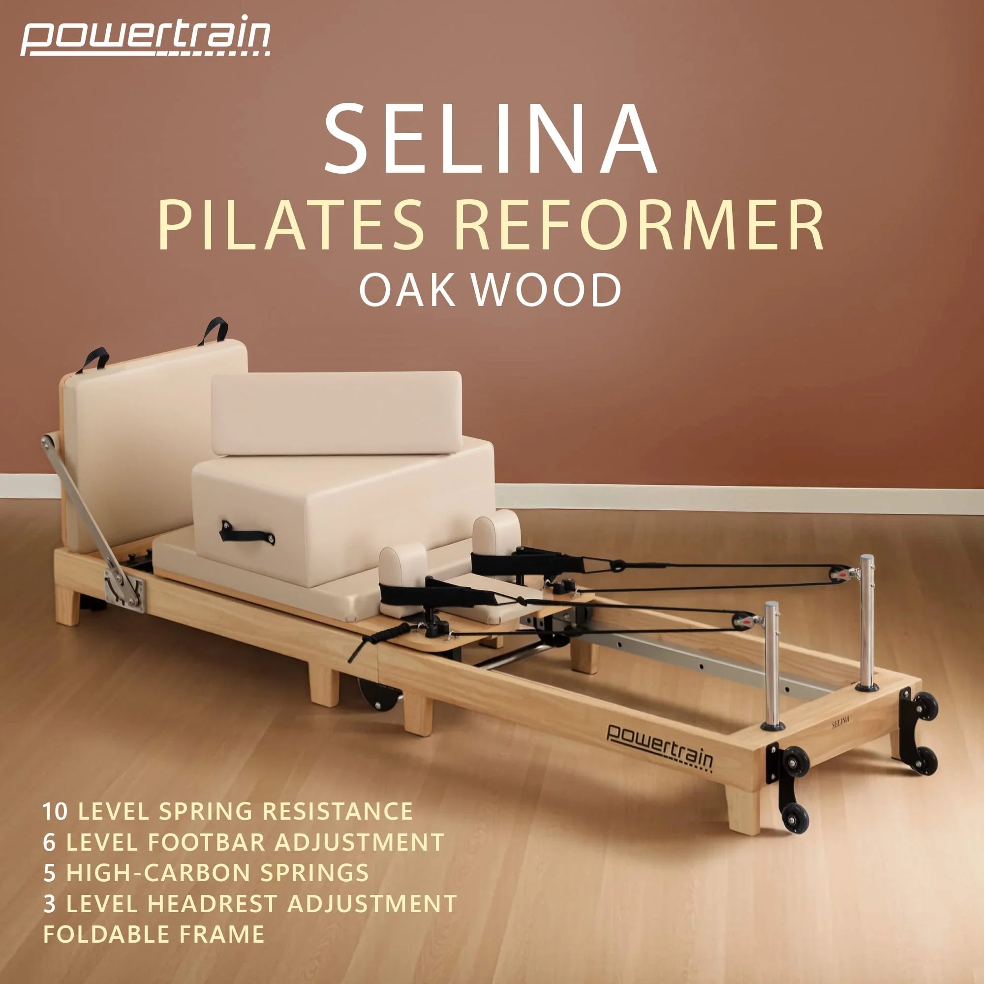 Selina Pilates Reformer Machine Wooden Folding Multifunctional Home Gym Equipment with Jumpboard & Sitting Box Oak Beige