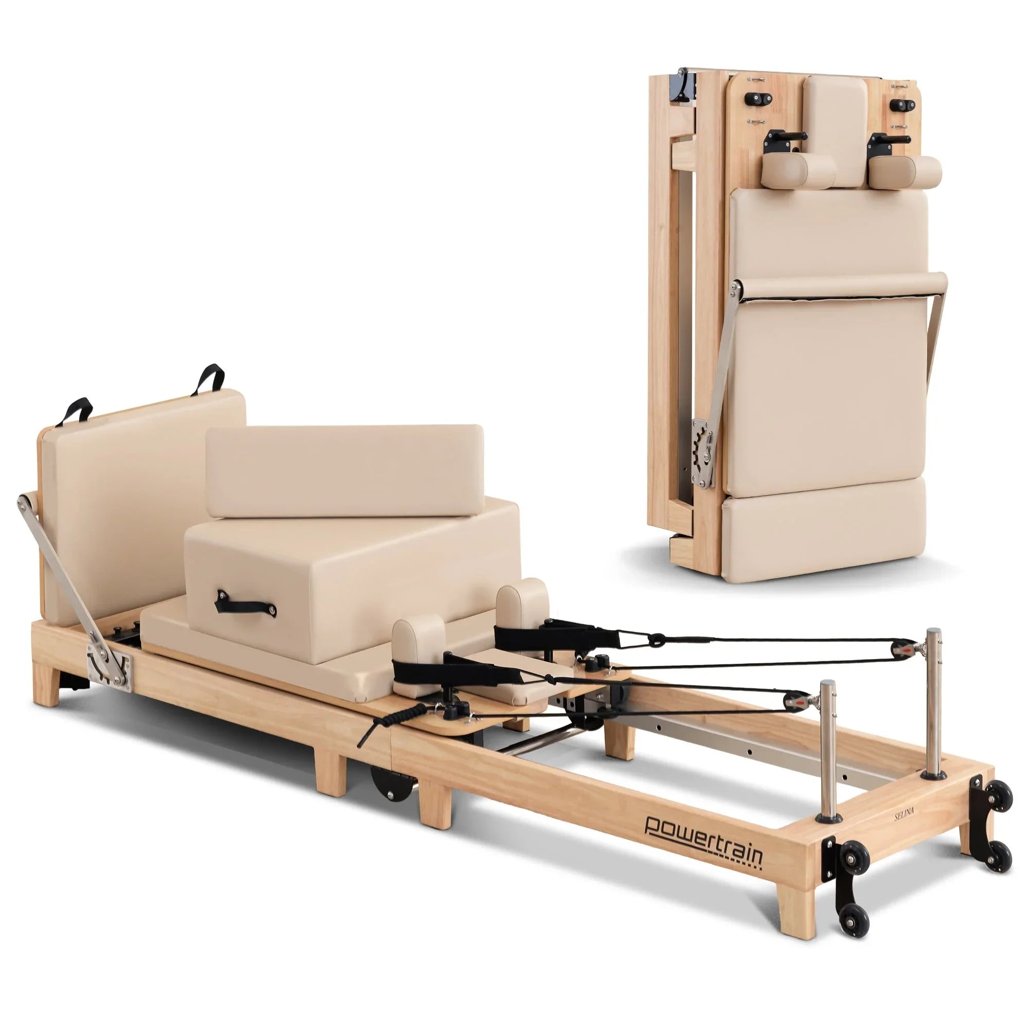 Selina Pilates Reformer Machine Wooden Folding Multifunctional Home Gym Equipment with Jumpboard & Sitting Box Oak Beige