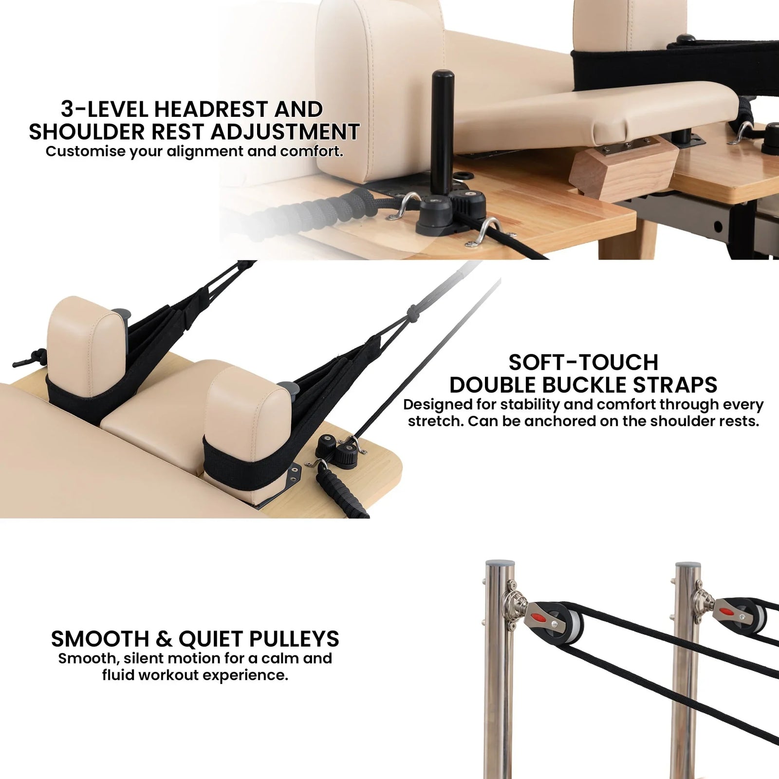 Selina Pilates Reformer Machine Wooden Folding Multifunctional Home Gym Equipment with Jumpboard & Sitting Box Oak Beige