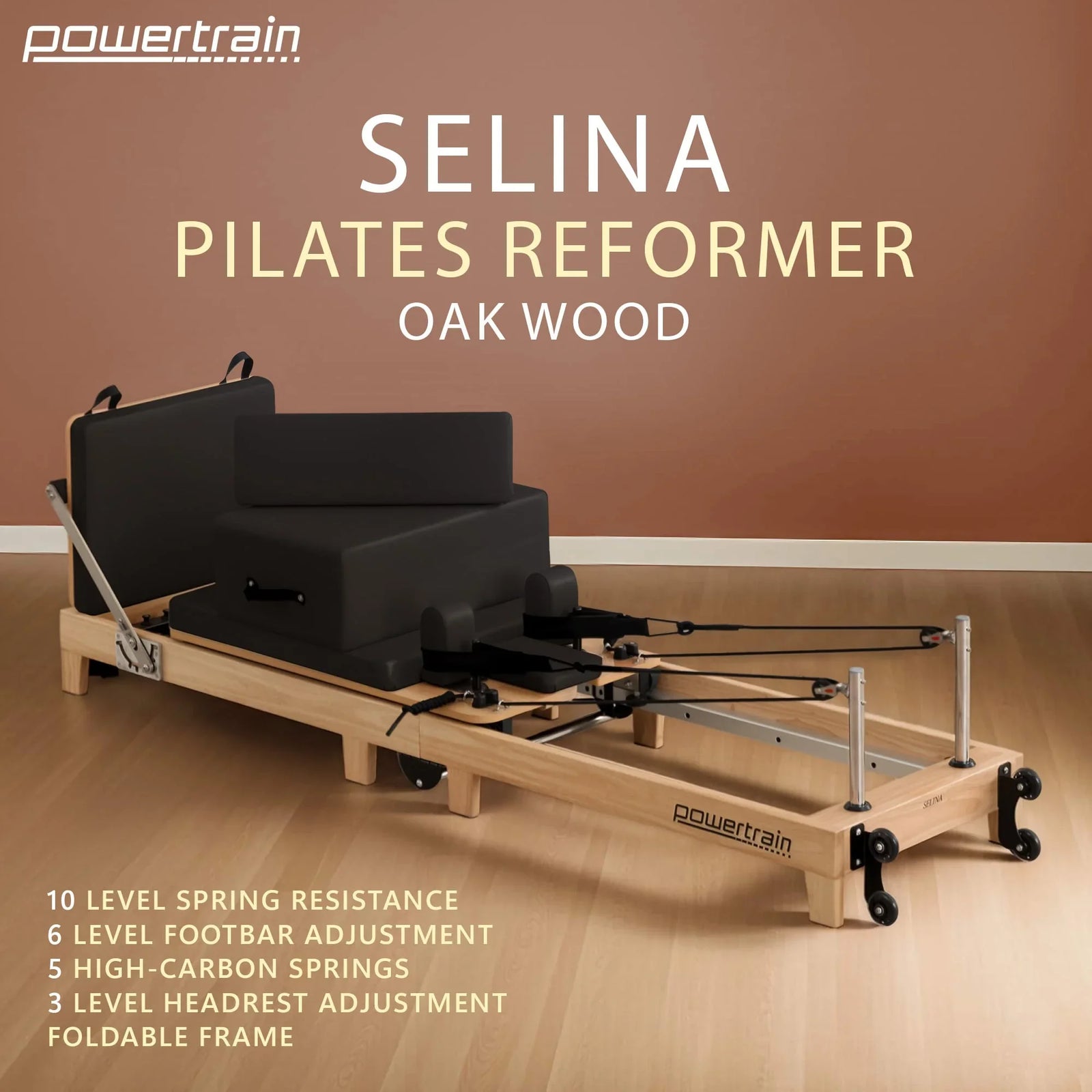 Selina Pilates Reformer Machine Wooden Folding Multifunctional Home Gym Equipment with Jumpboard & Sitting Box Oak Black
