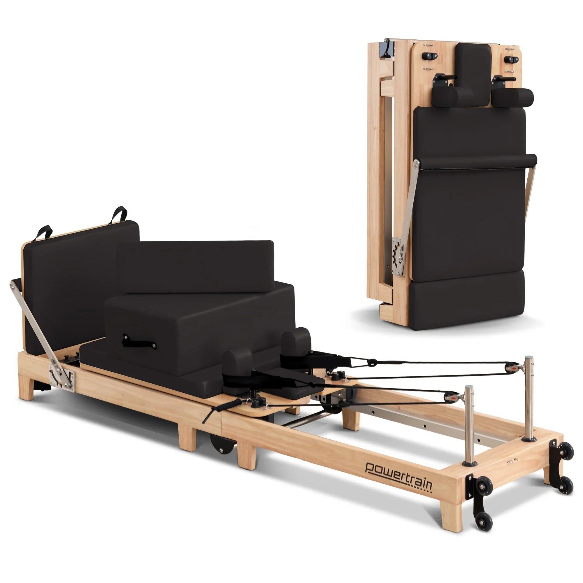 Selina Pilates Reformer Machine Wooden Folding Multifunctional Home Gym Equipment with Jumpboard & Sitting Box Oak Black