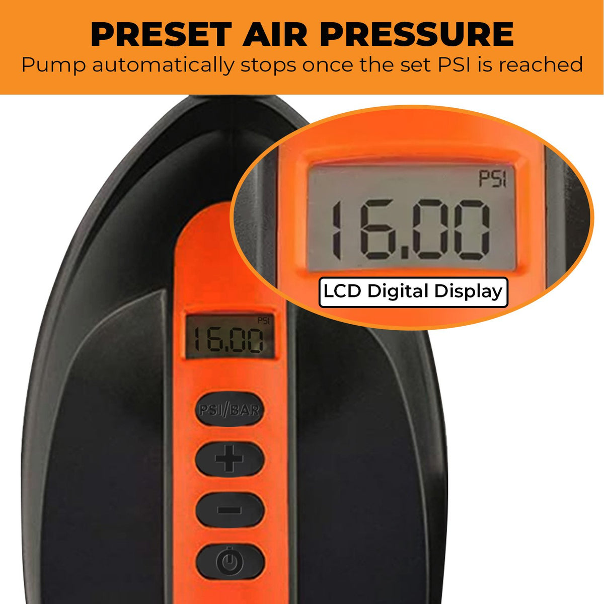 Portable 12V Electric Air Pump with LCD Display, 6 Nozzles, 16PSI