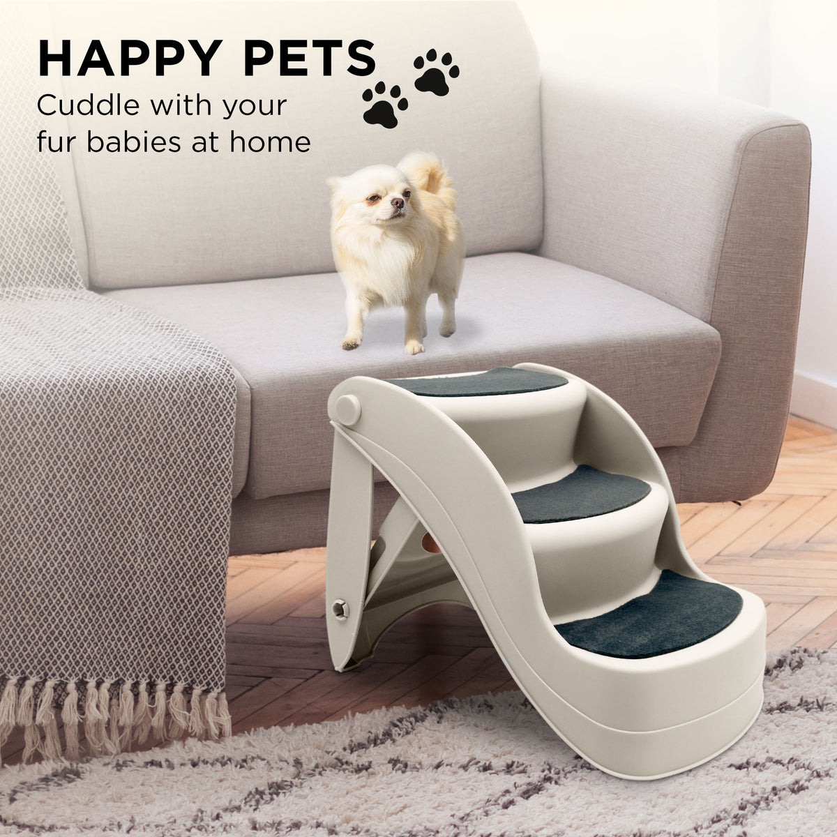 Furtastic 38cm Foldable Pet Stairs Non-Slip Dog Cat Steps Ramp for Bed Couch Car Portable Sturdy Ladder White