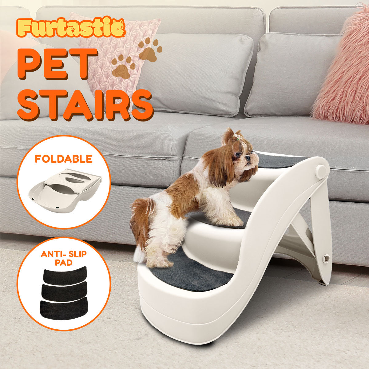 Furtastic 38cm Foldable Pet Stairs Non-Slip Dog Cat Steps Ramp for Bed Couch Car Portable Sturdy Ladder White