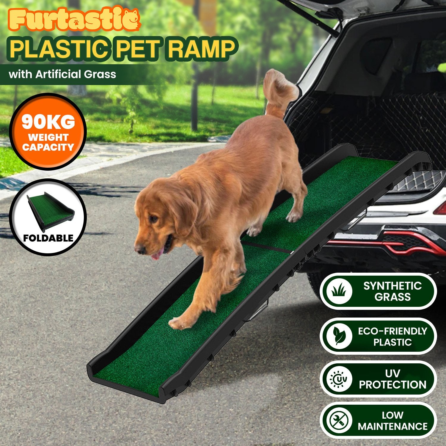 Furtastic Foldable Dog Ramp with Poly-Grass Grip Surface Non-Slip UV Protection