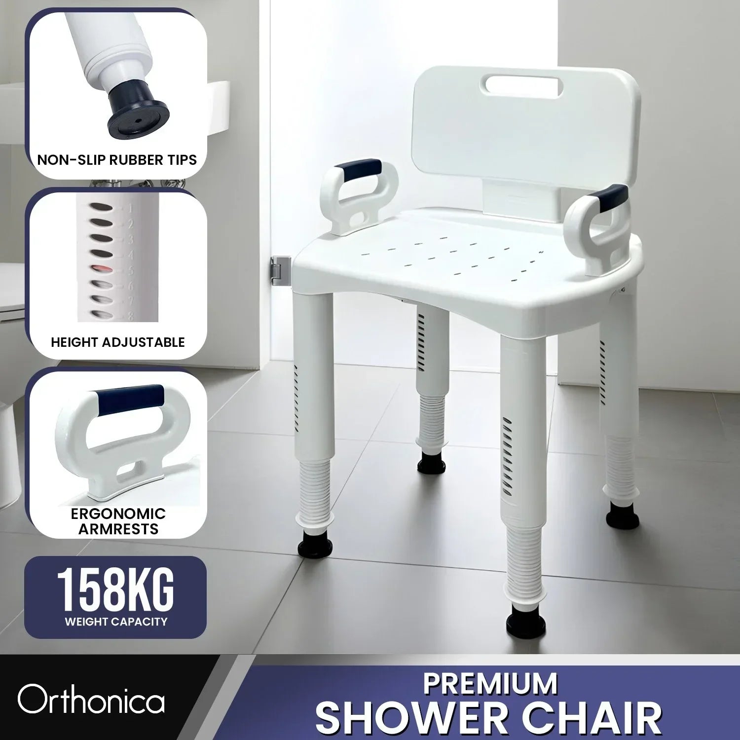 Premium Adjustable Shower Chair with Armrests 158kg Capacity