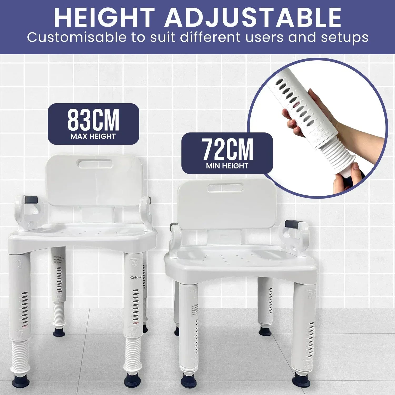 Premium Adjustable Shower Chair with Armrests 158kg Capacity