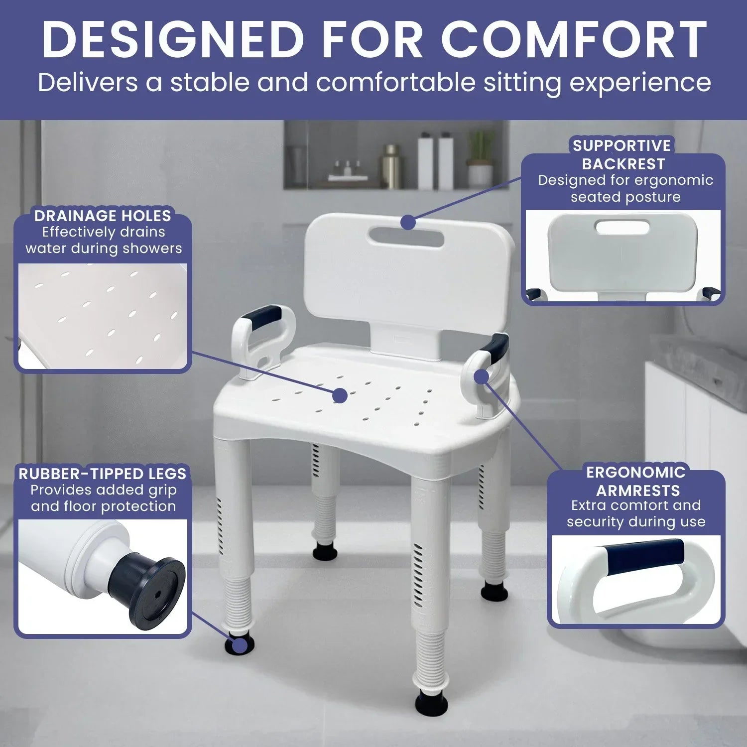 Premium Adjustable Shower Chair with Armrests 158kg Capacity