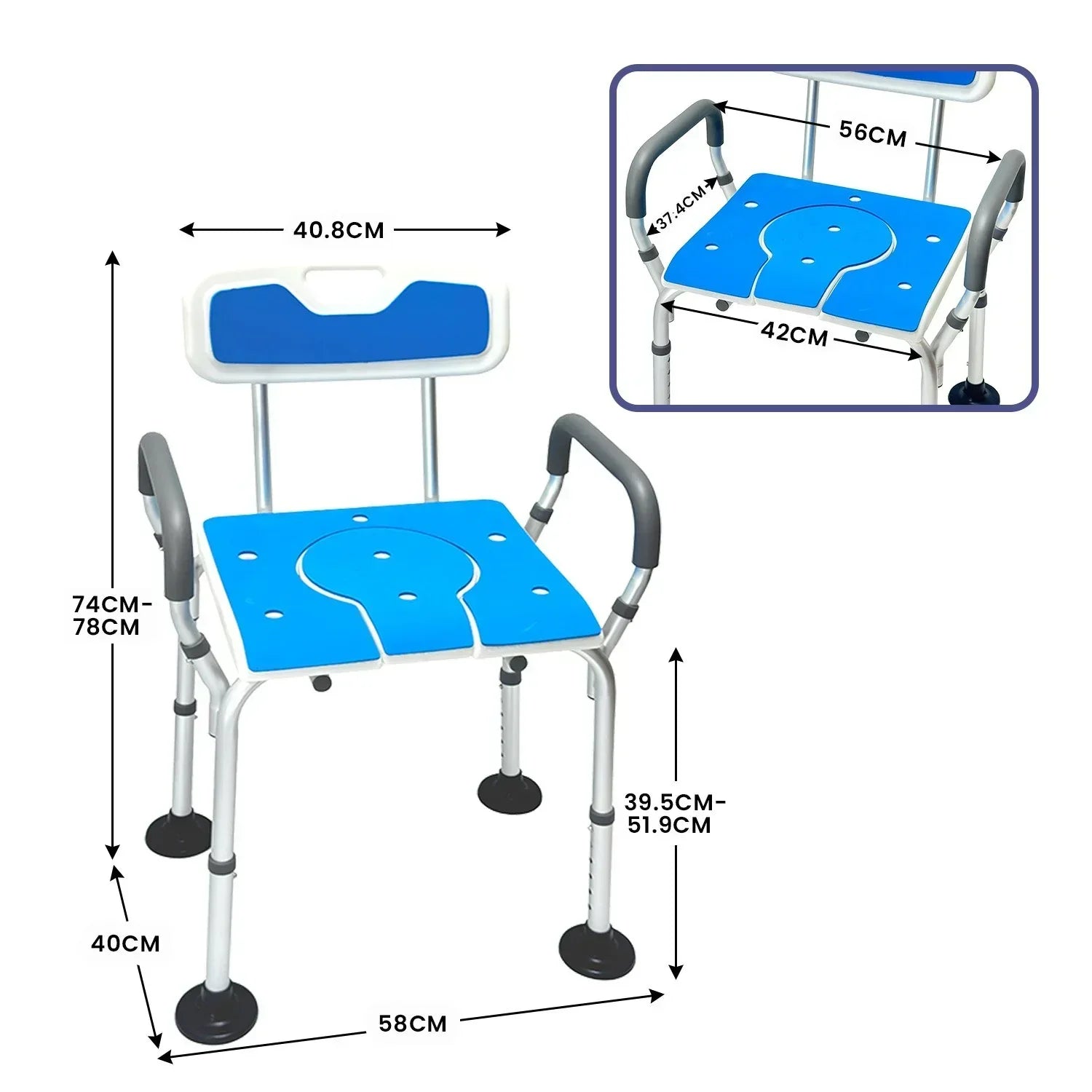 Height-Adjustable Aluminium Commode Shower Chair with Armrests Backrest Armrests Soft Stool Seat Aid