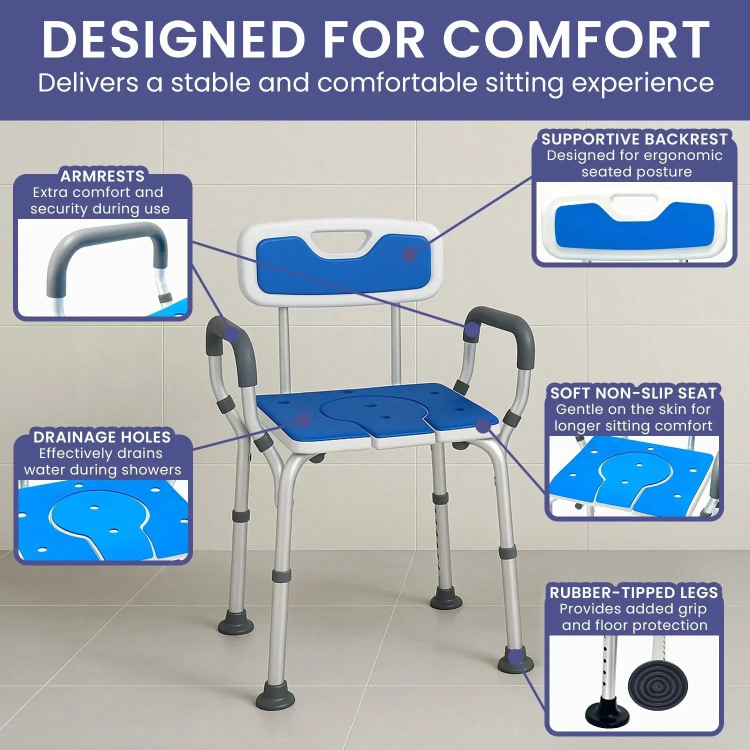 Height-Adjustable Aluminium Commode Shower Chair with Armrests Backrest Armrests Soft Stool Seat Aid