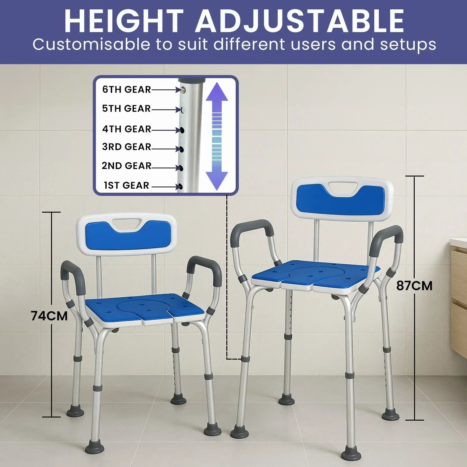 Height-Adjustable Aluminium Commode Shower Chair with Armrests Backrest Armrests Soft Stool Seat Aid
