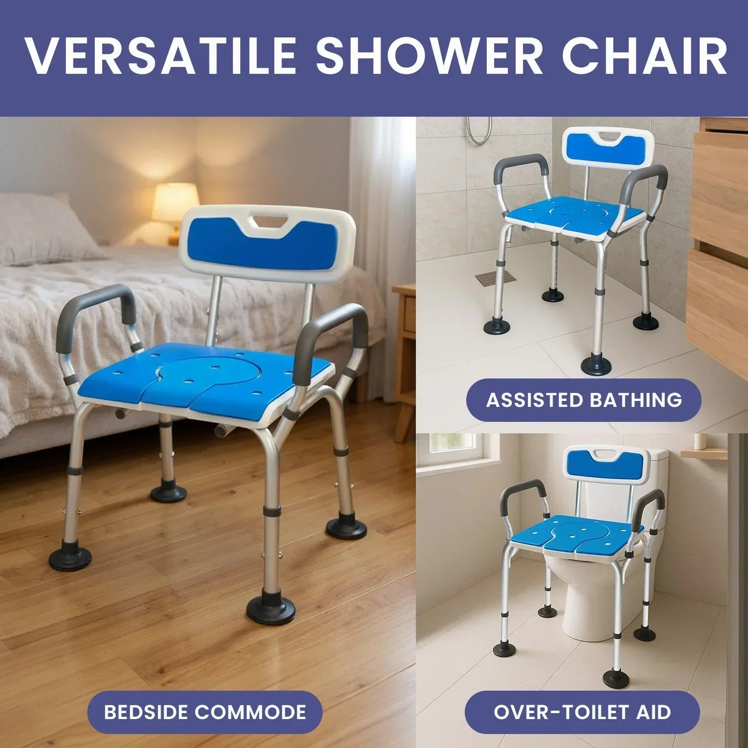 Height-Adjustable Aluminium Commode Shower Chair with Armrests Backrest Armrests Soft Stool Seat Aid