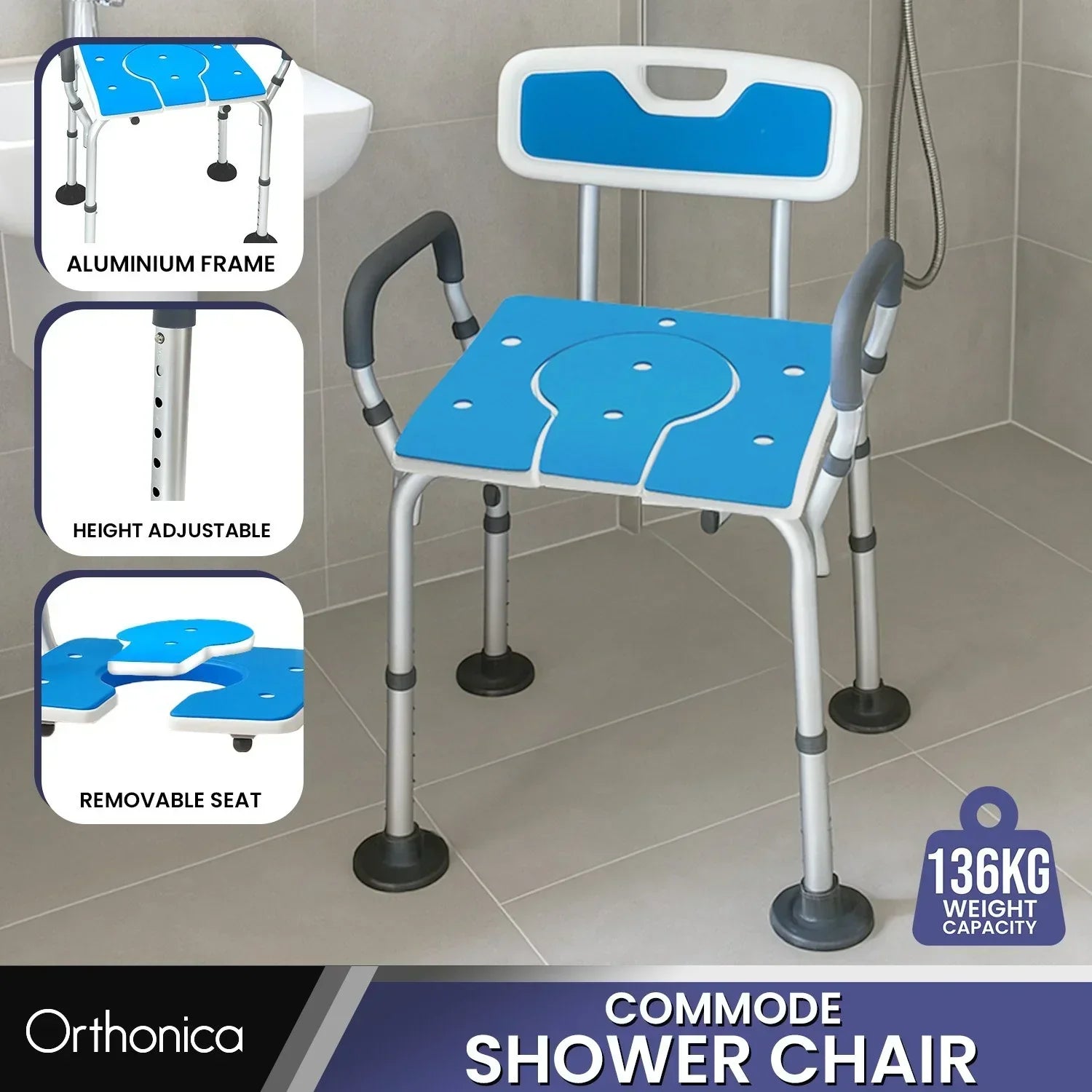 Height-Adjustable Aluminium Commode Shower Chair with Armrests Backrest Armrests Soft Stool Seat Aid