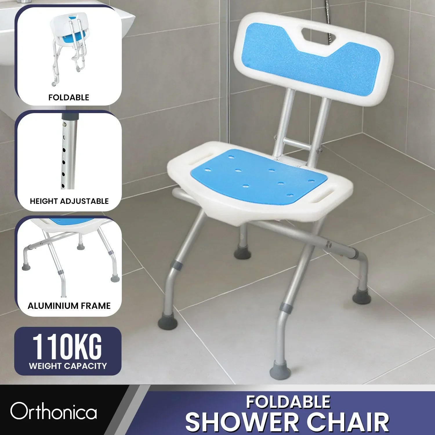 Compact & Foldable Commode Shower Chair w/Height Adjustable Aluminium Frame Non Slip Feet HDPE Seat & Backrest