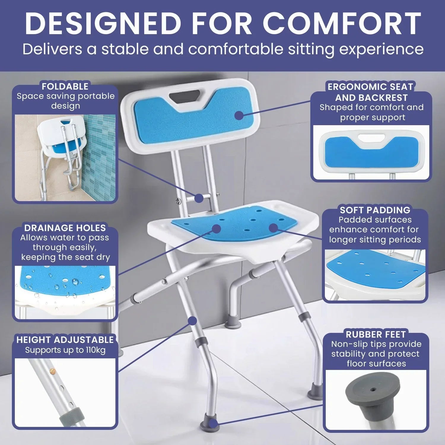Compact & Foldable Commode Shower Chair w/Height Adjustable Aluminium Frame Non Slip Feet HDPE Seat & Backrest