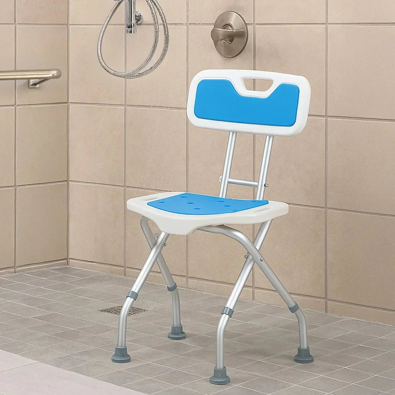 Compact & Foldable Commode Shower Chair w/Height Adjustable Aluminium Frame Non Slip Feet HDPE Seat & Backrest