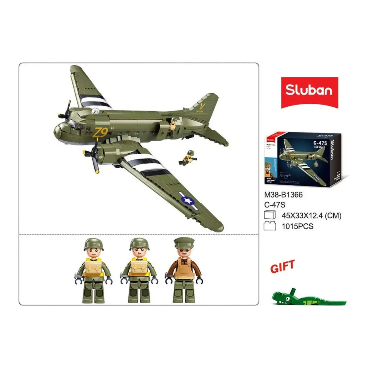 B1366 Model Kit 1:44 C47 Skytrain Airtrain Cargo Transport Aircraft WWII Air Force Building Blocks DIY Set Toy