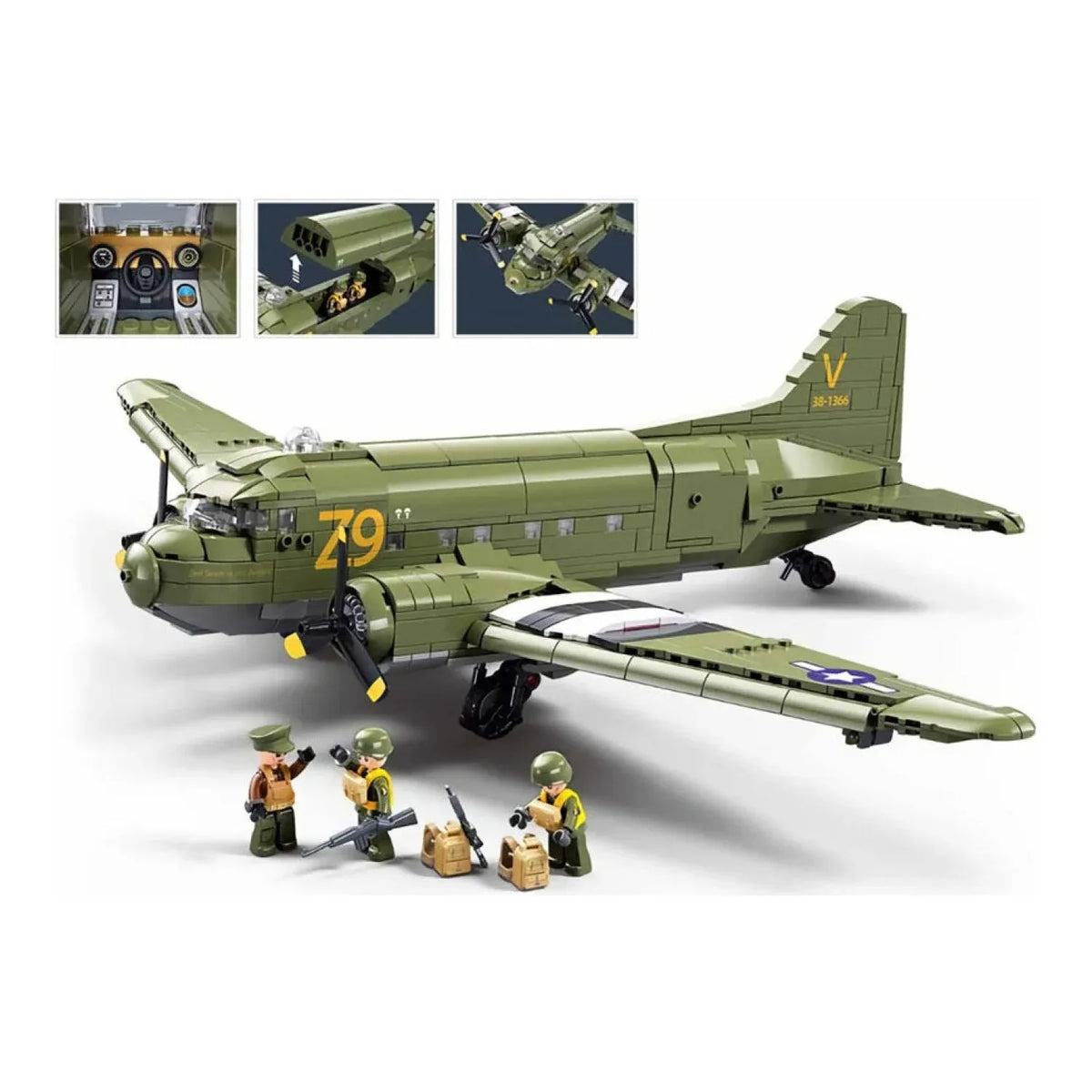 B1366 Model Kit 1:44 C47 Skytrain Airtrain Cargo Transport Aircraft WWII Air Force Building Blocks DIY Set Toy