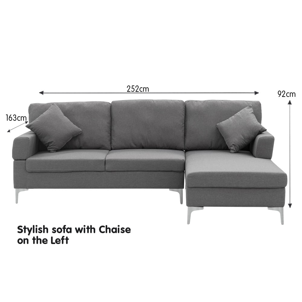 Sarantino 3 Seater Linen Sofa Lounge Left Side Chaise Couch Furniture Dark Grey L-shaped