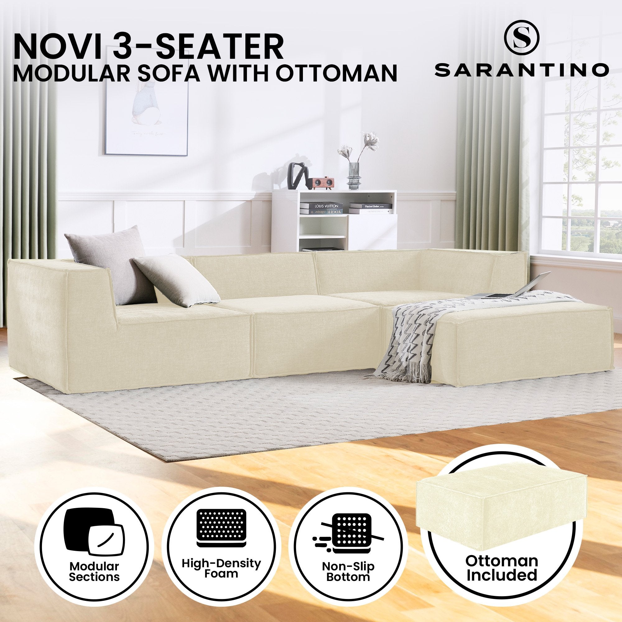 Novi 3-Seater Modular Sofa with Ottoman in Cream Non-Slip Bottom Lounge