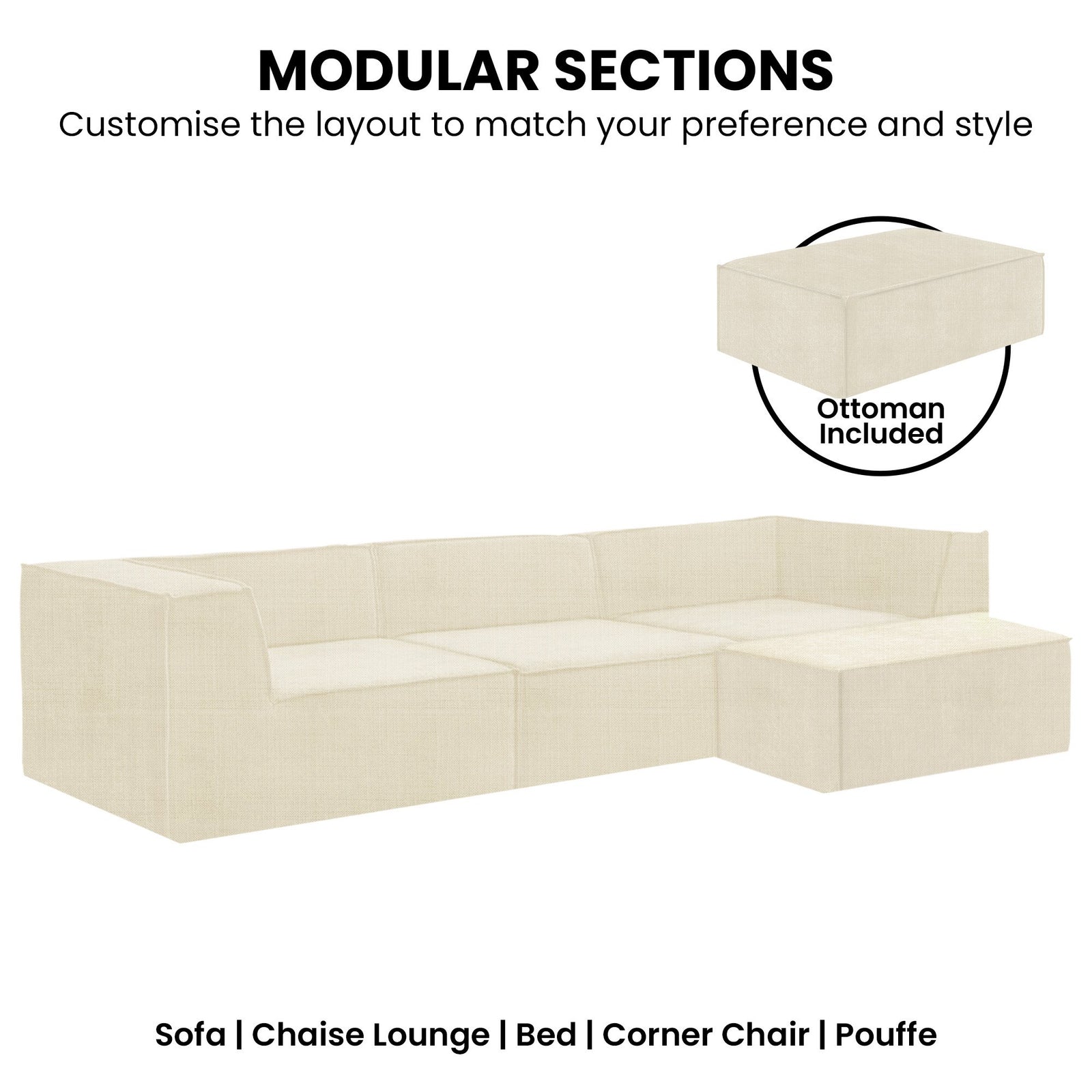 Novi 3-Seater Modular Sofa with Ottoman in Cream Non-Slip Bottom Lounge