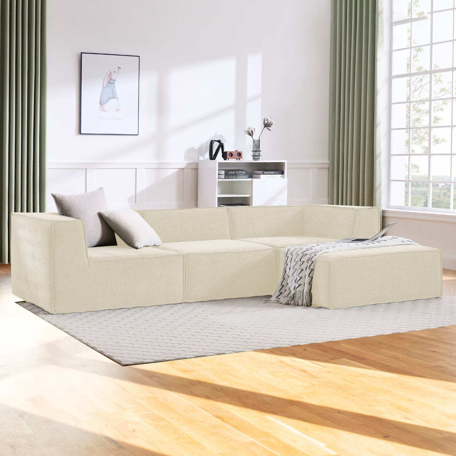 Novi 3-Seater Modular Sofa with Ottoman in Cream Non-Slip Bottom Lounge