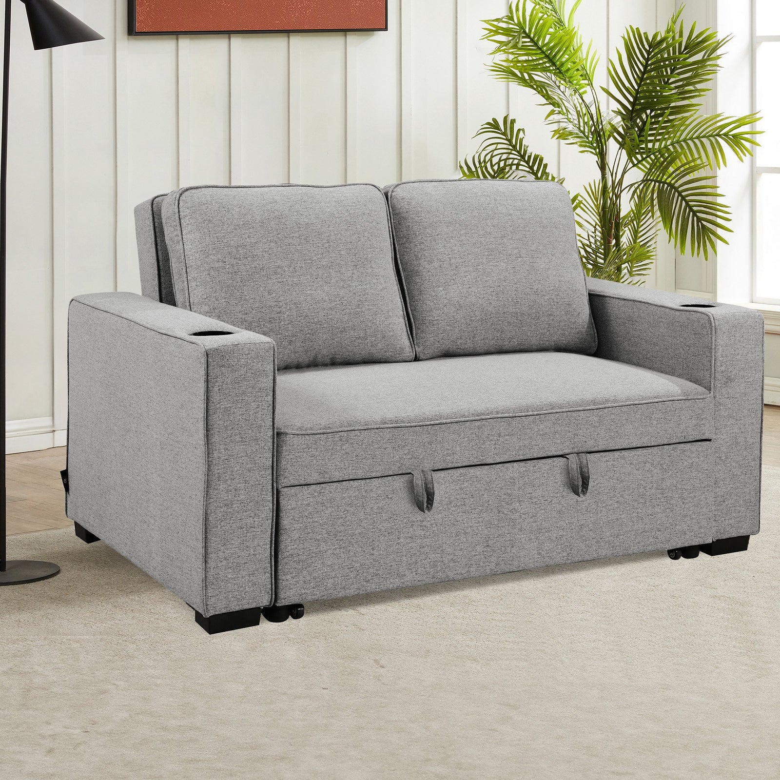 Hoffman Linen Sofa Bed Chair With Cushions &cup Holders Light Grey