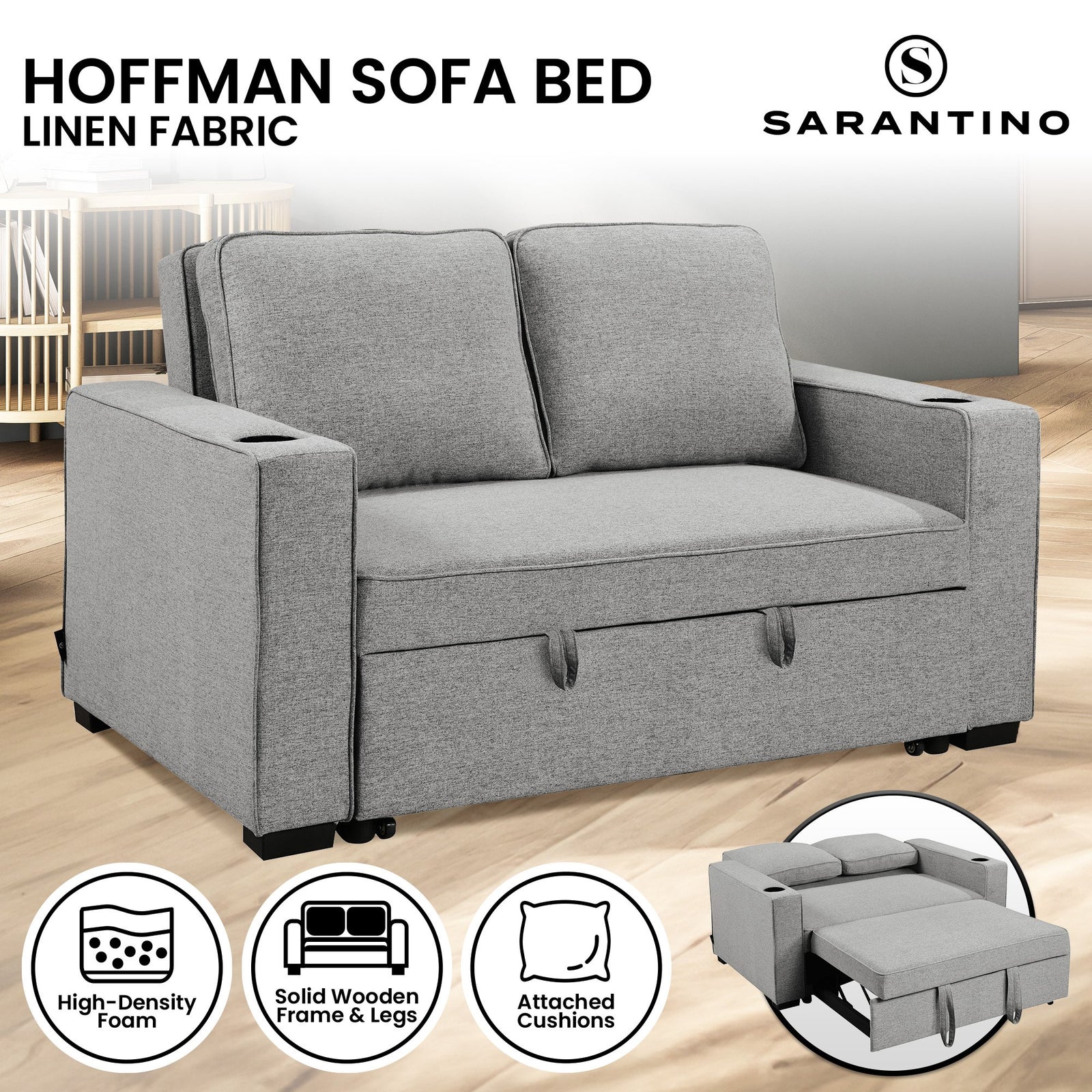 Hoffman Linen Sofa Bed Chair With Cushions &cup Holders Light Grey