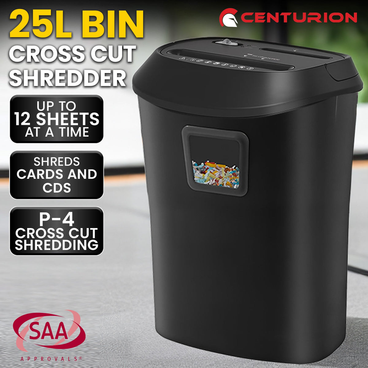 Centurion 25L 12-Sheet Paper Shredder Electric Cross-Cut Home & Office Cutter