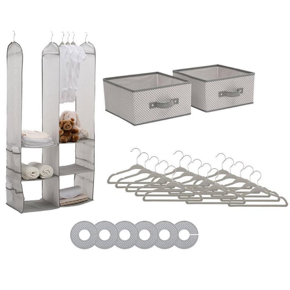 24 Piece Nursery Storage Set, Cool Grey, Velvet Hangers and Dividers Kit