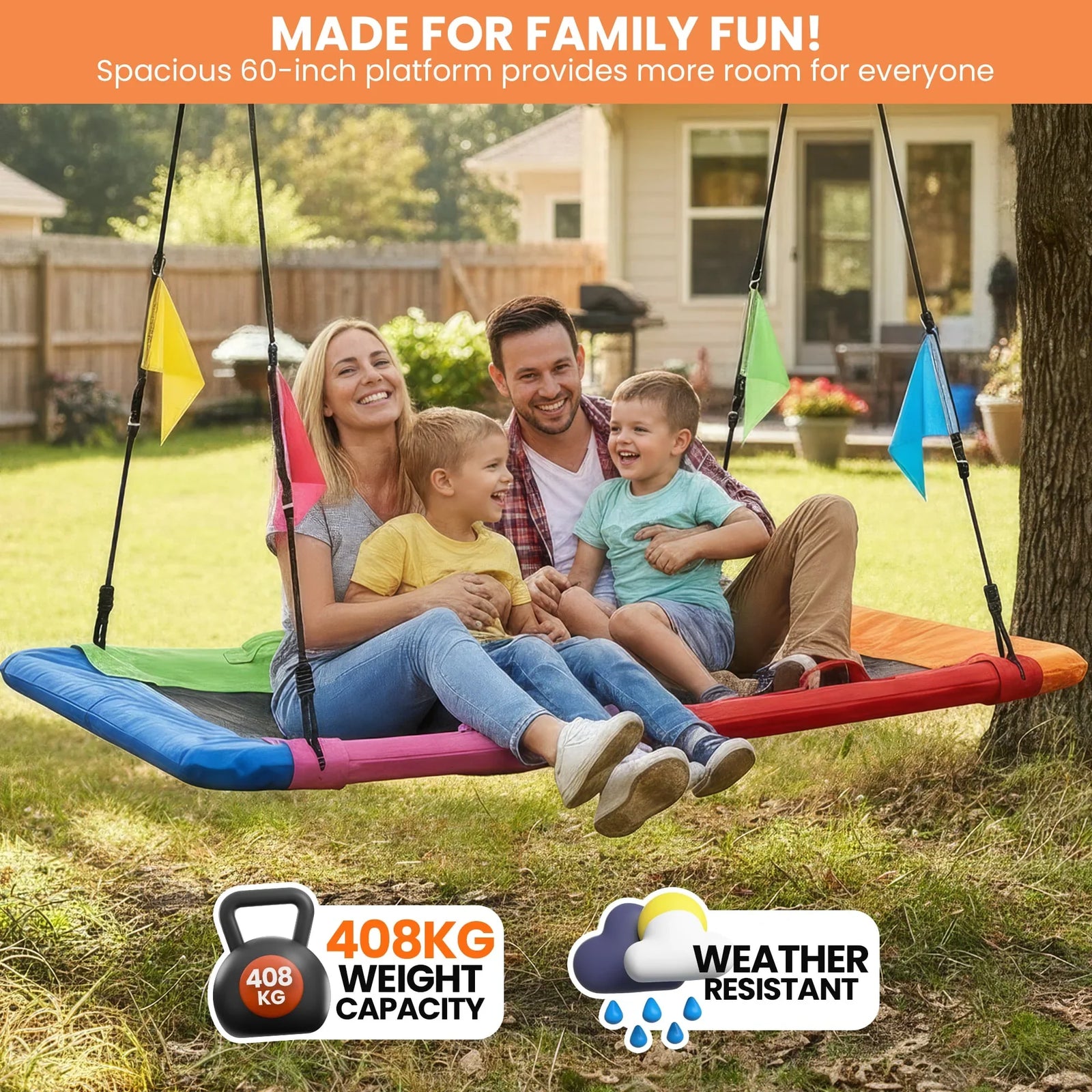 Heavy Duty 60 Inch Rectangular Tree Swing With Adjustable 180cm Lifting Ropes Foam Padded Tubes And Full Accessory Kit For Backyard Family Use
