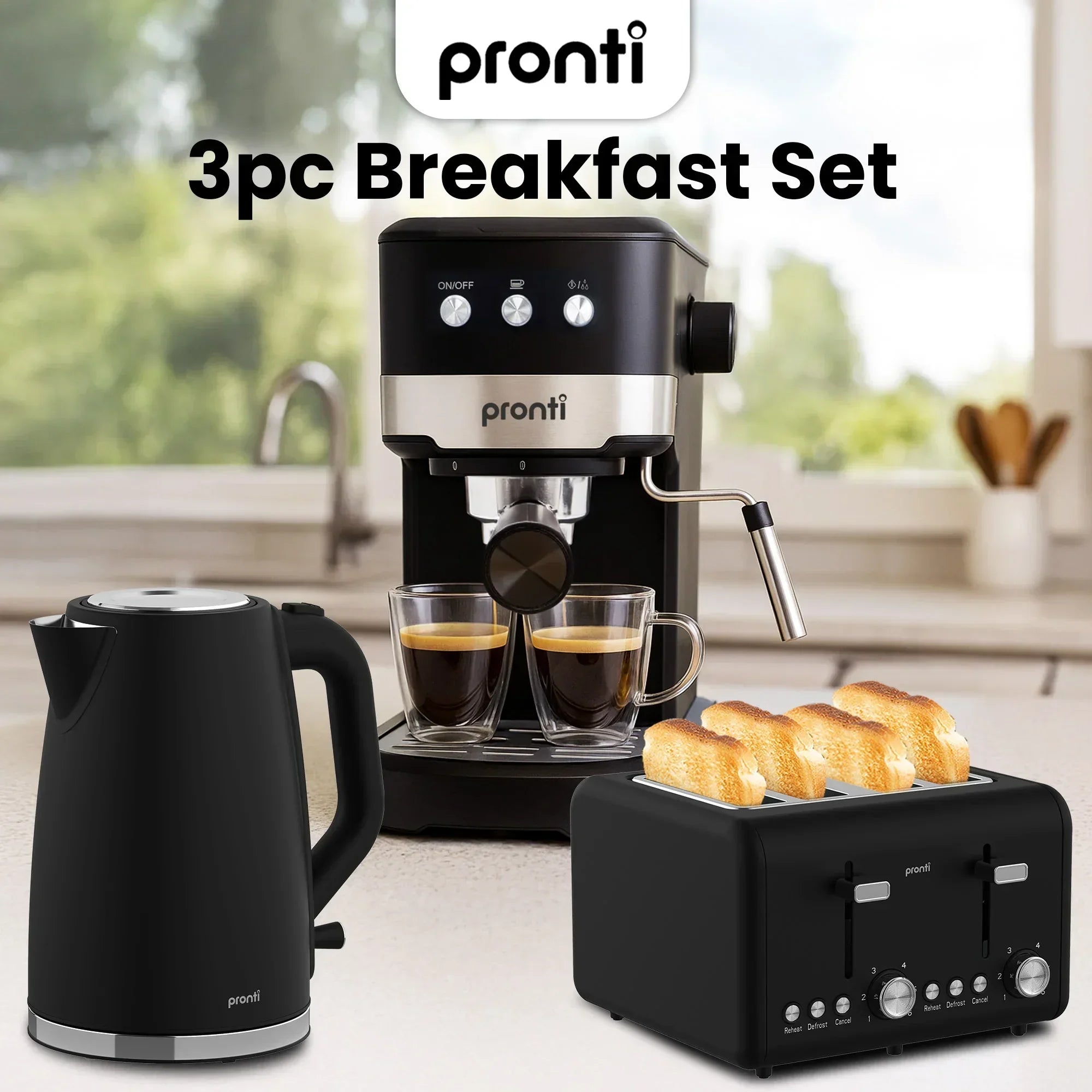 Breakfast Set with 1.25L Coffee Machine, Silver Noir Toaster & Kettle