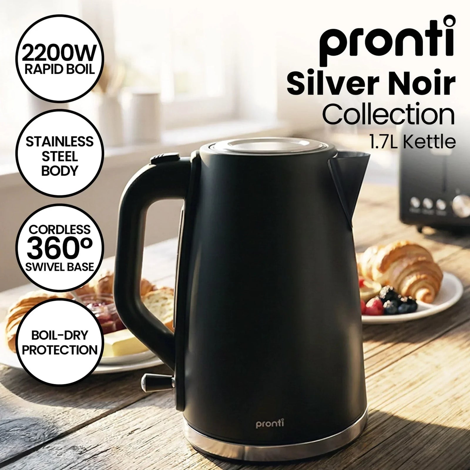 Breakfast Set with 1.25L Coffee Machine, Silver Noir Toaster & Kettle