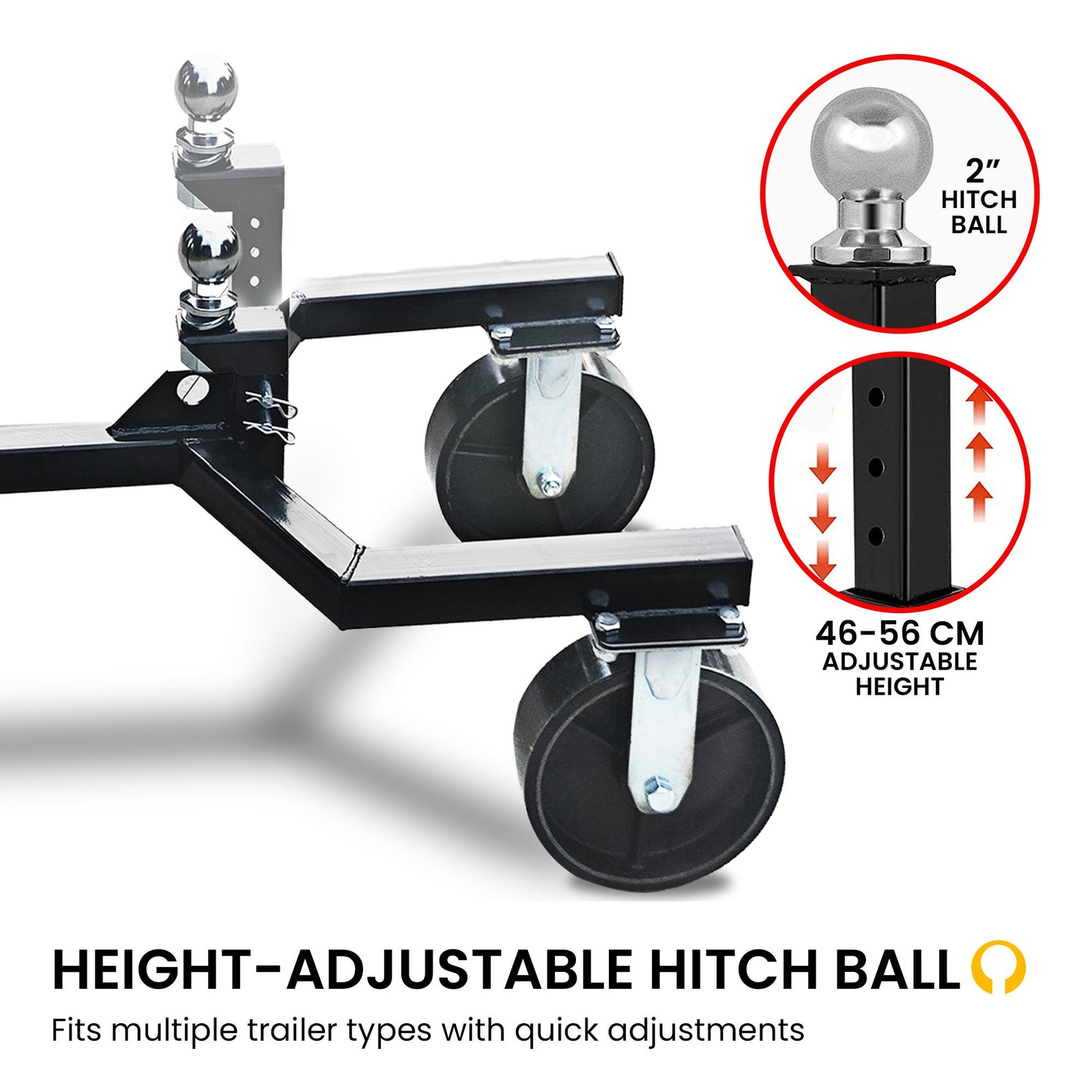 Trailer Dolly Adjustable 2in Hitch Ball 1500kg Tongue Weight Capacity w/8in Swivel Wheels Steel Trailer Mover