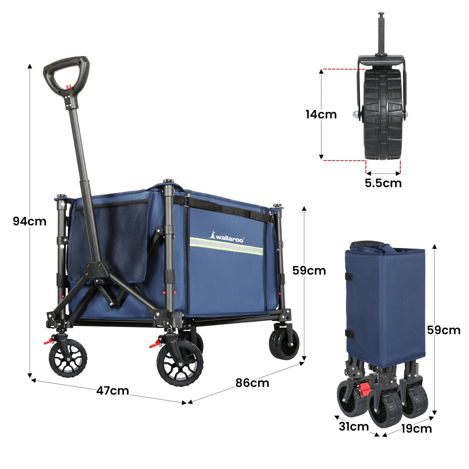 Wallaroo Collapsible 120L Blue Camping Trolley Steel Picnic Shopping Cart