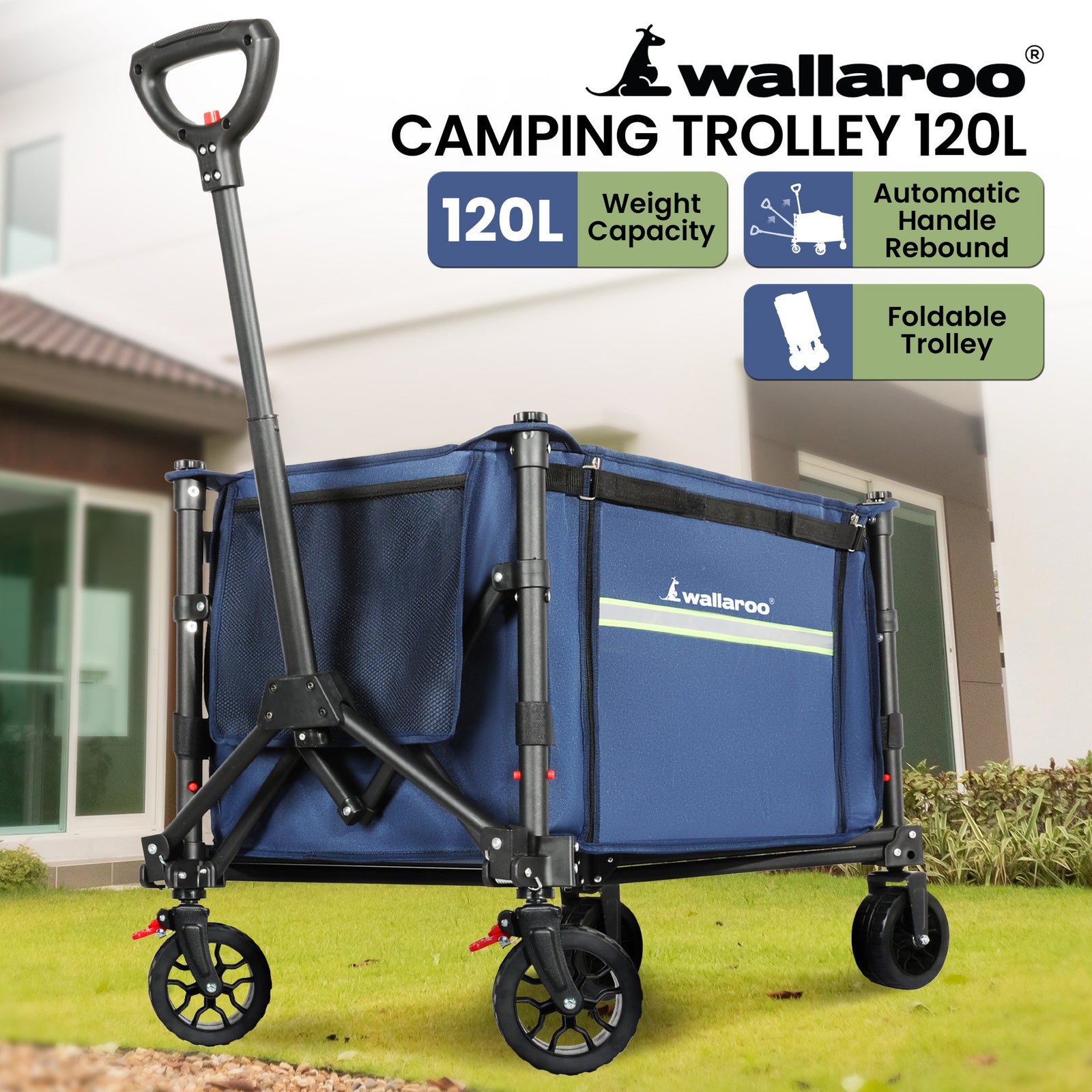 Wallaroo Collapsible 120L Blue Camping Trolley Steel Picnic Shopping Cart