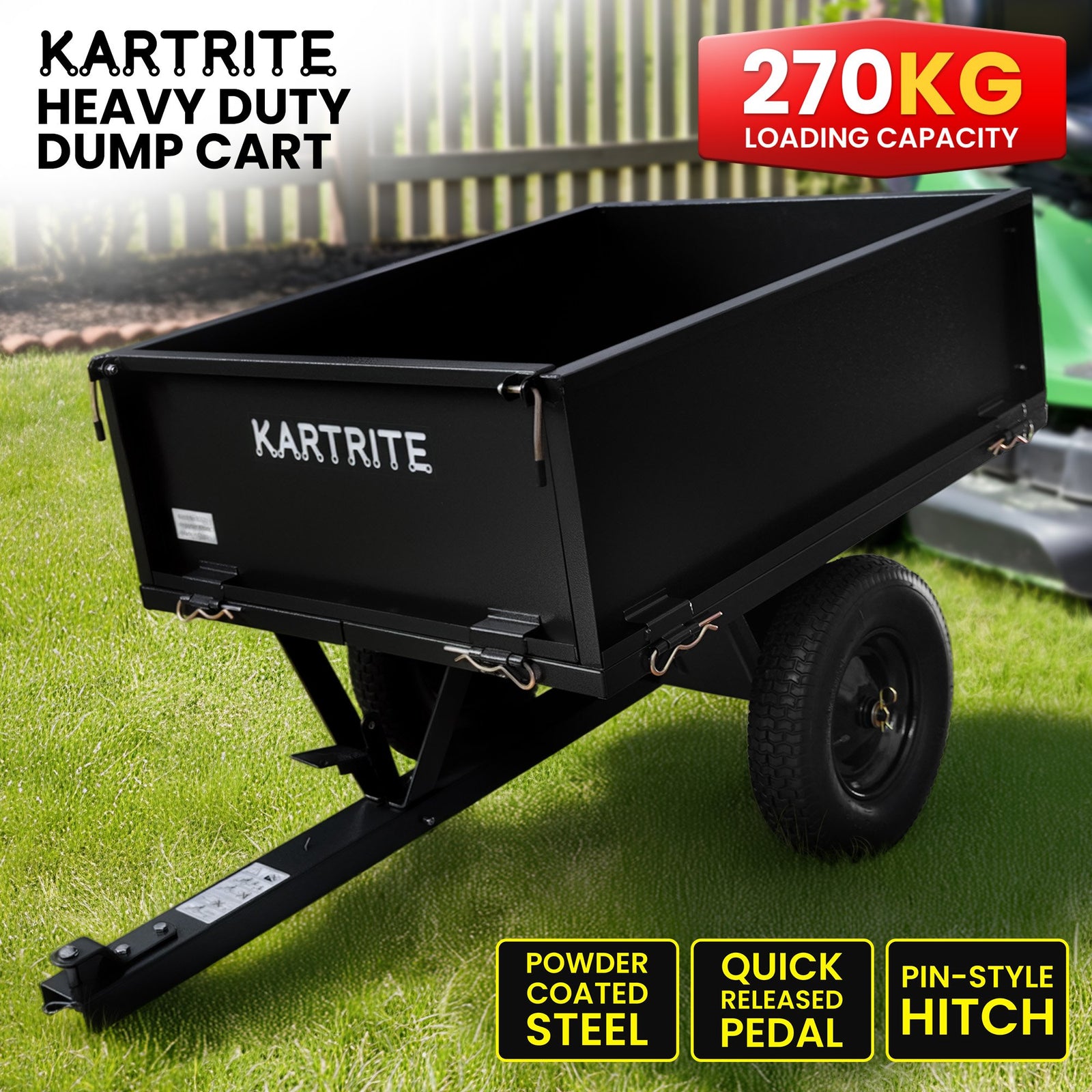 Heavy Duty Dump Cart 270kg Capacity Pneumatic Tyres Quick Release Pedal Removable Tailgate Trailer for Garden