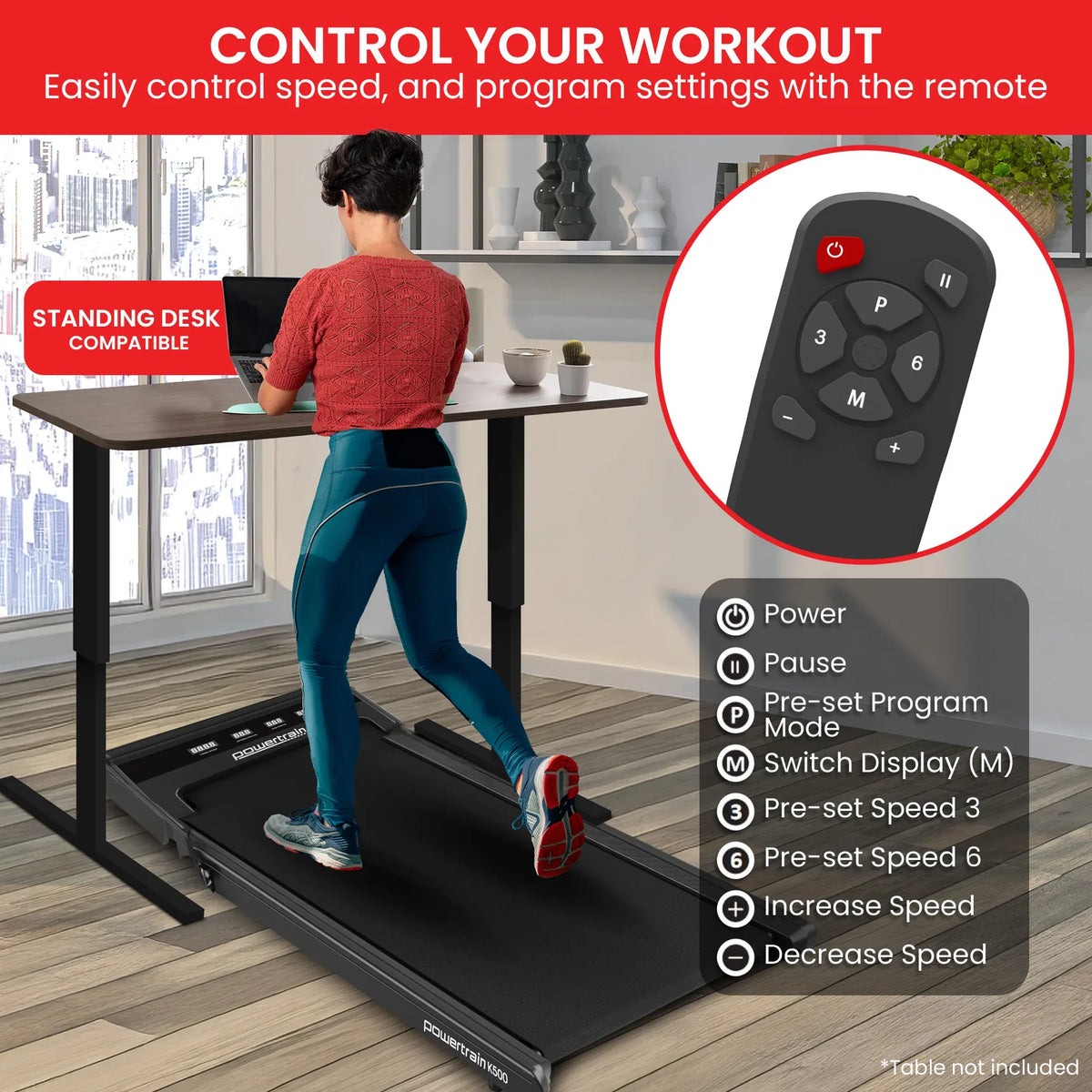 Powertrain K500 2-in-1 Foldable Under Desk Treadmill Walking Pad 2.5HP Electric Running Machine with Remote Home Gym