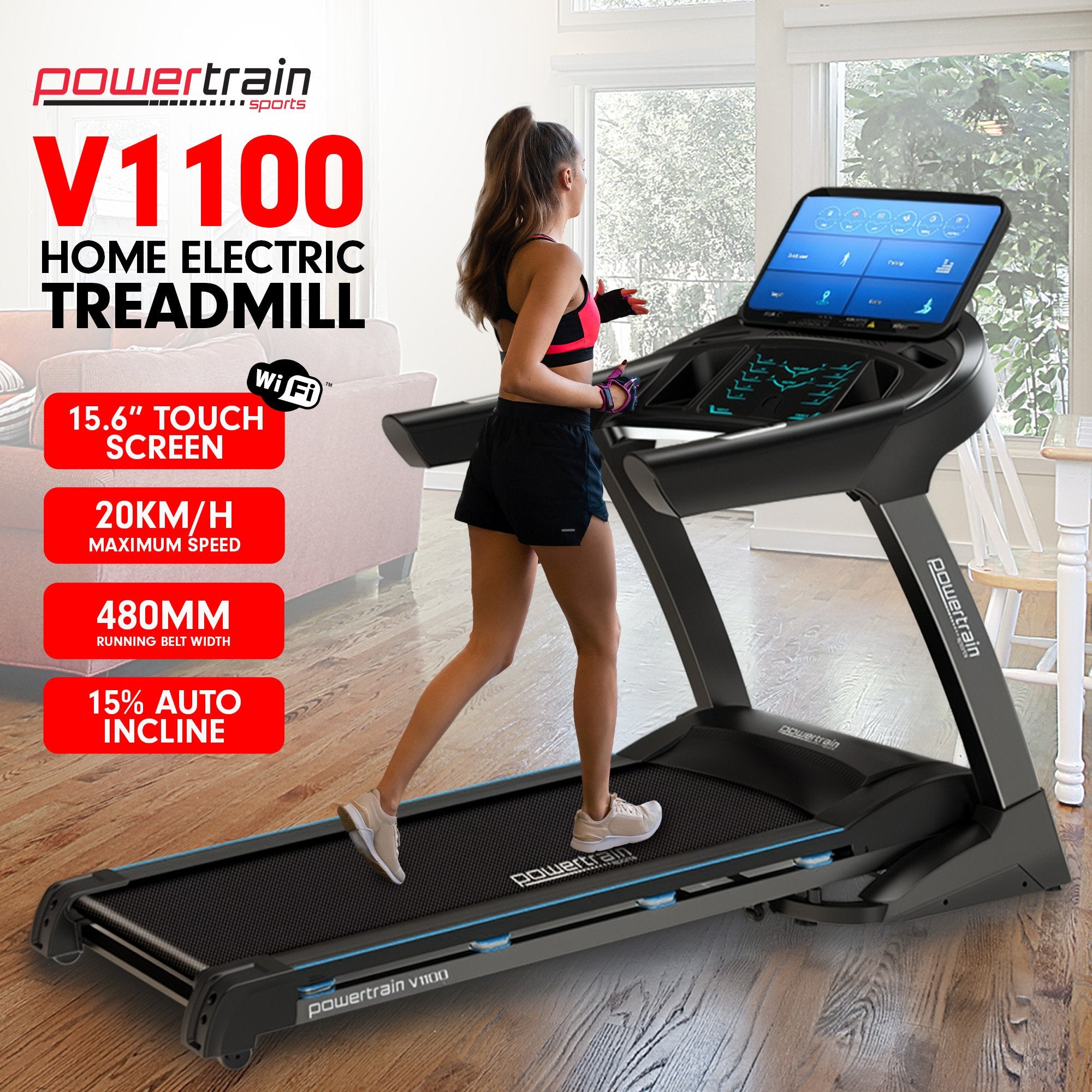 V1100 Treadmill with Wifi Touch Screen & Incline
