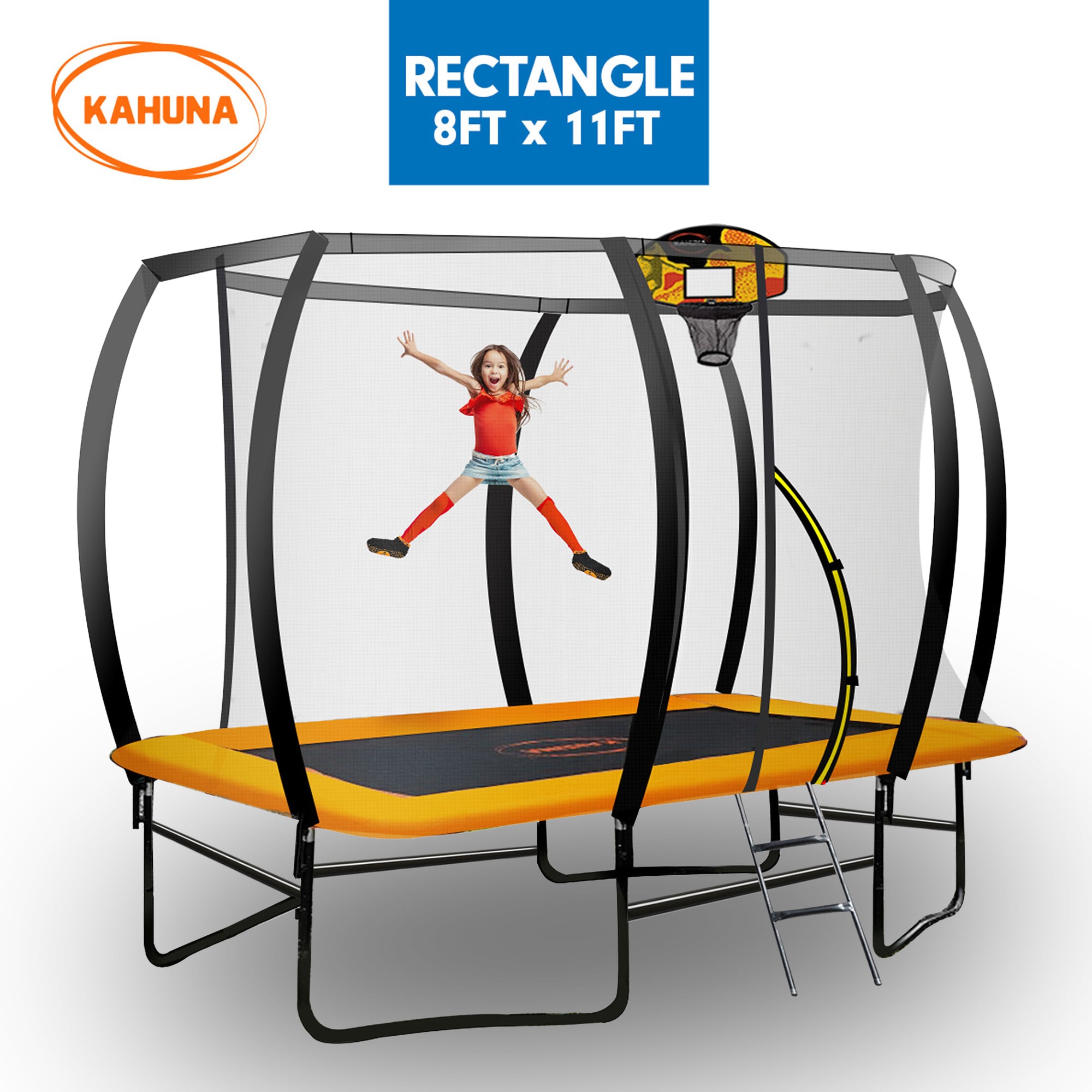8ft X 11ft Outdoor Rectangular Orange Trampoline with Safety Enclosure.