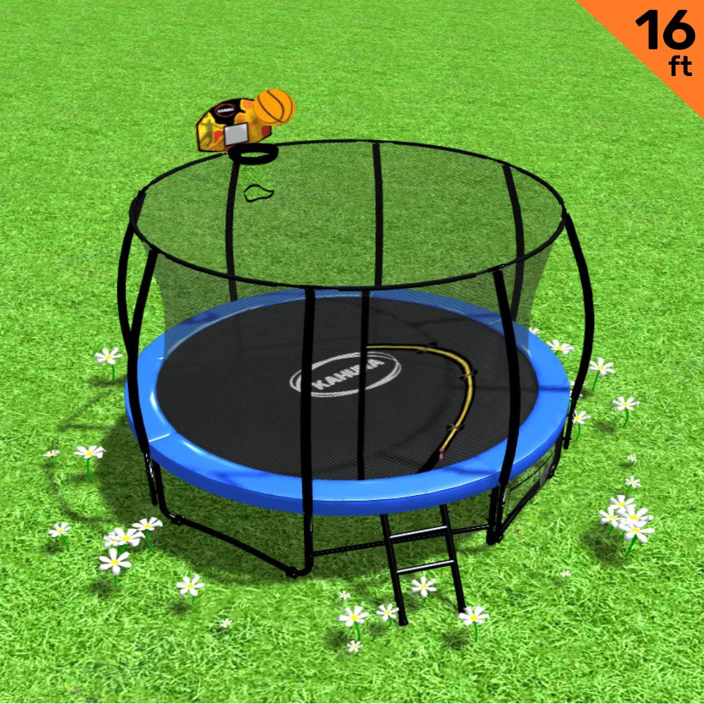 16ft Outdoor Trampoline Kids Children With Safety Enclosure Pad Mat Ladder Basketball Hoop Set - Blue