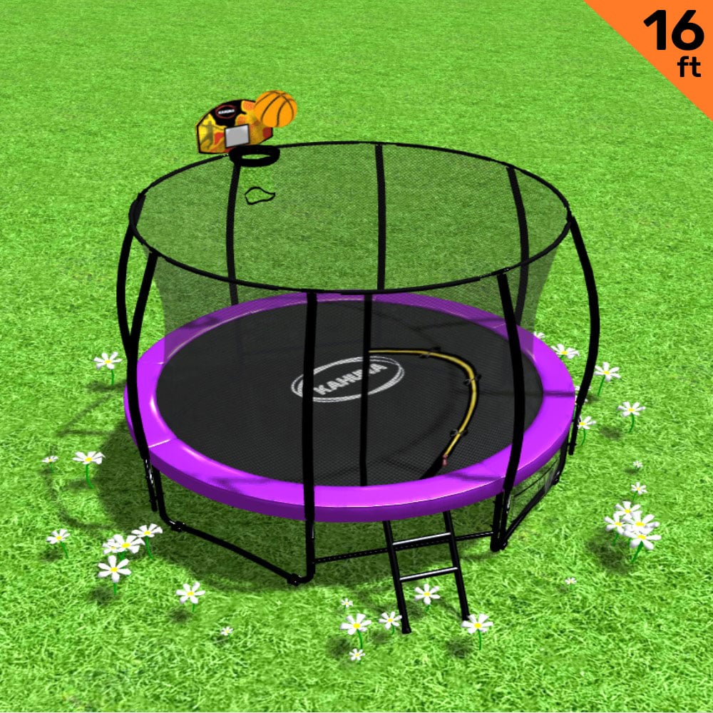 16ft Outdoor Trampoline Kids Children With Safety Enclosure Pad Mat Ladder Basketball Hoop Set - Purple