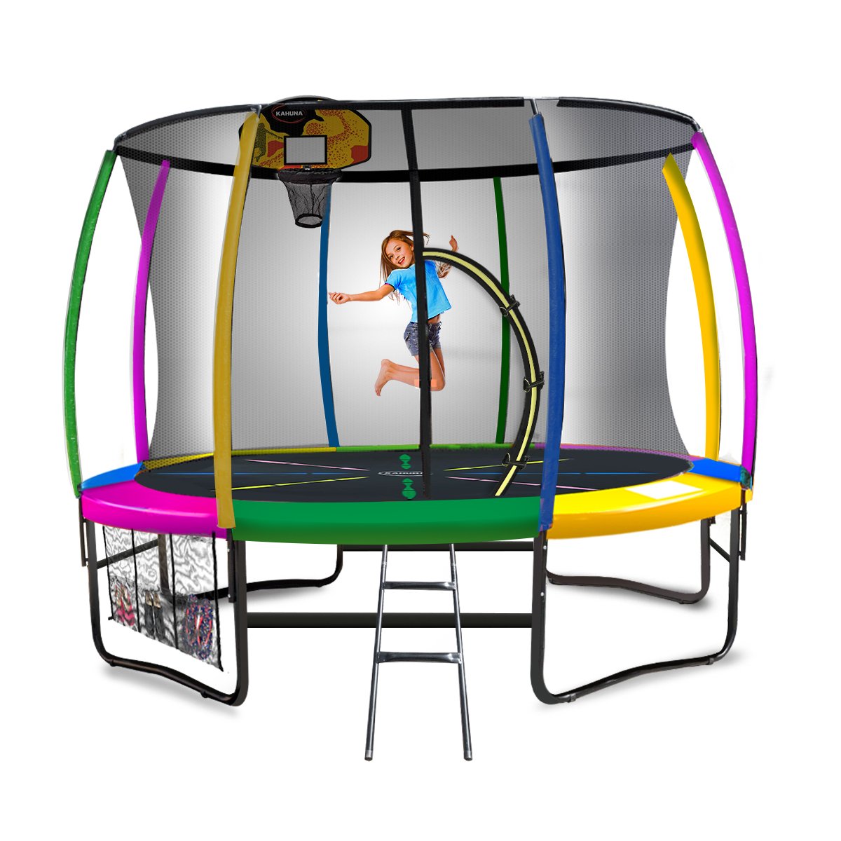 16ft Outdoor Trampoline Kids Children With Safety Enclosure Pad Mat Ladder Basketball Hoop Set - Rainbow