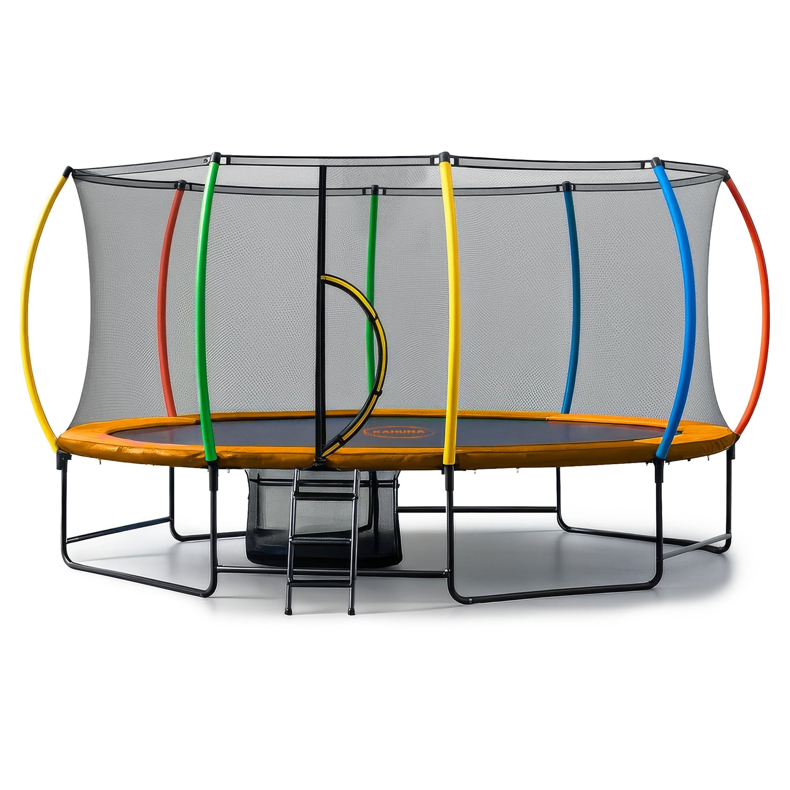 10 ft x 15 ft Oval Outdoor Trampoline with Reversible Rainbow & Orange Safety Pad Safety Net and Ladder