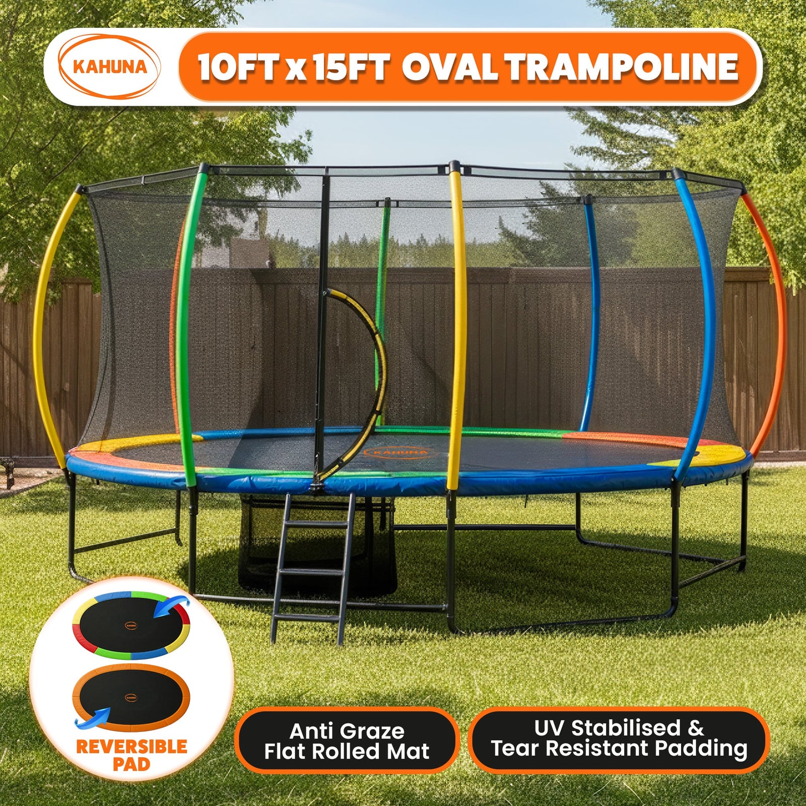 10 ft x 15 ft Oval Outdoor Trampoline with Reversible Rainbow & Orange Safety Pad Safety Net and Ladder