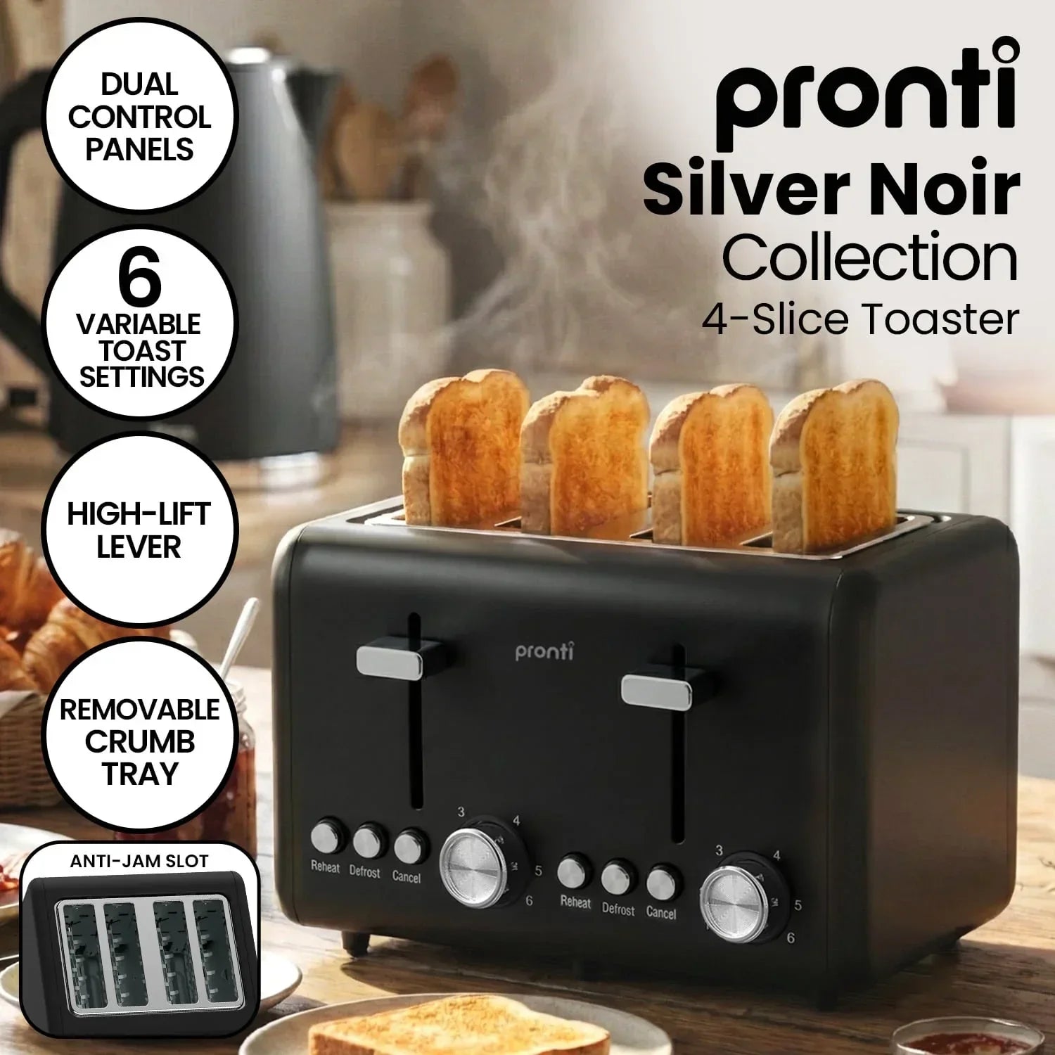 Silver Noir Collection 4 Slice Toaster with Dual Controls
