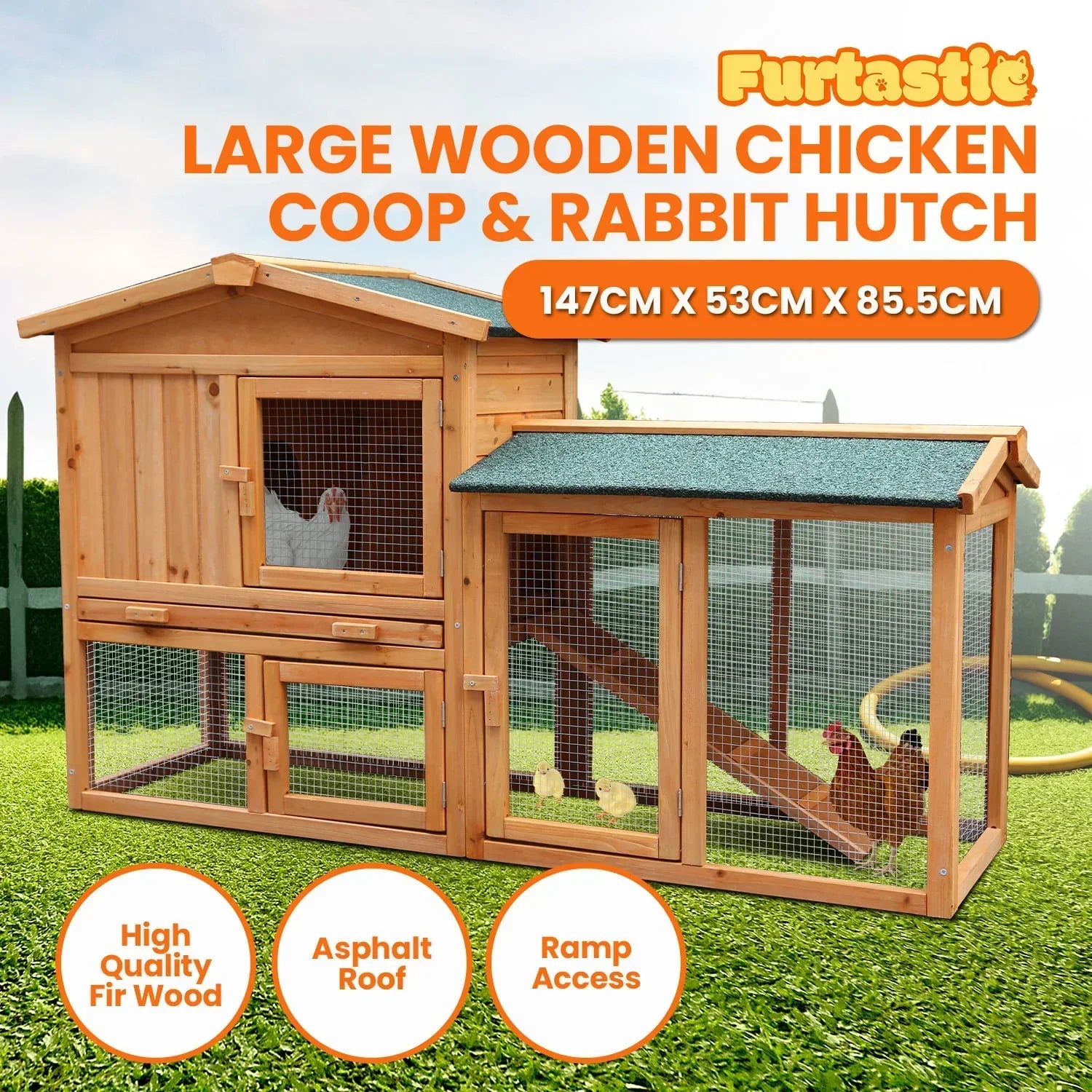 Large Wooden Chicken Coop & Rabbit Hutch With Ramp