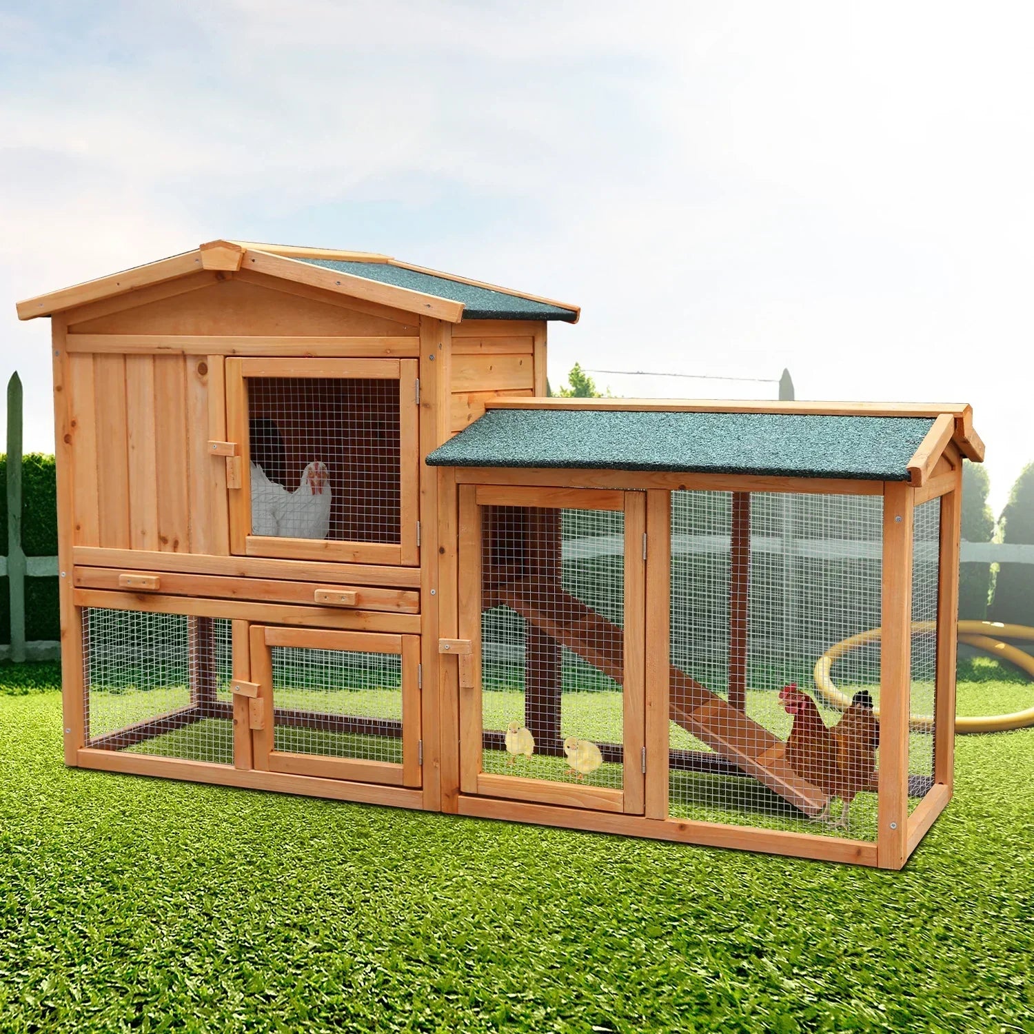 Large Wooden Chicken Coop & Rabbit Hutch With Ramp