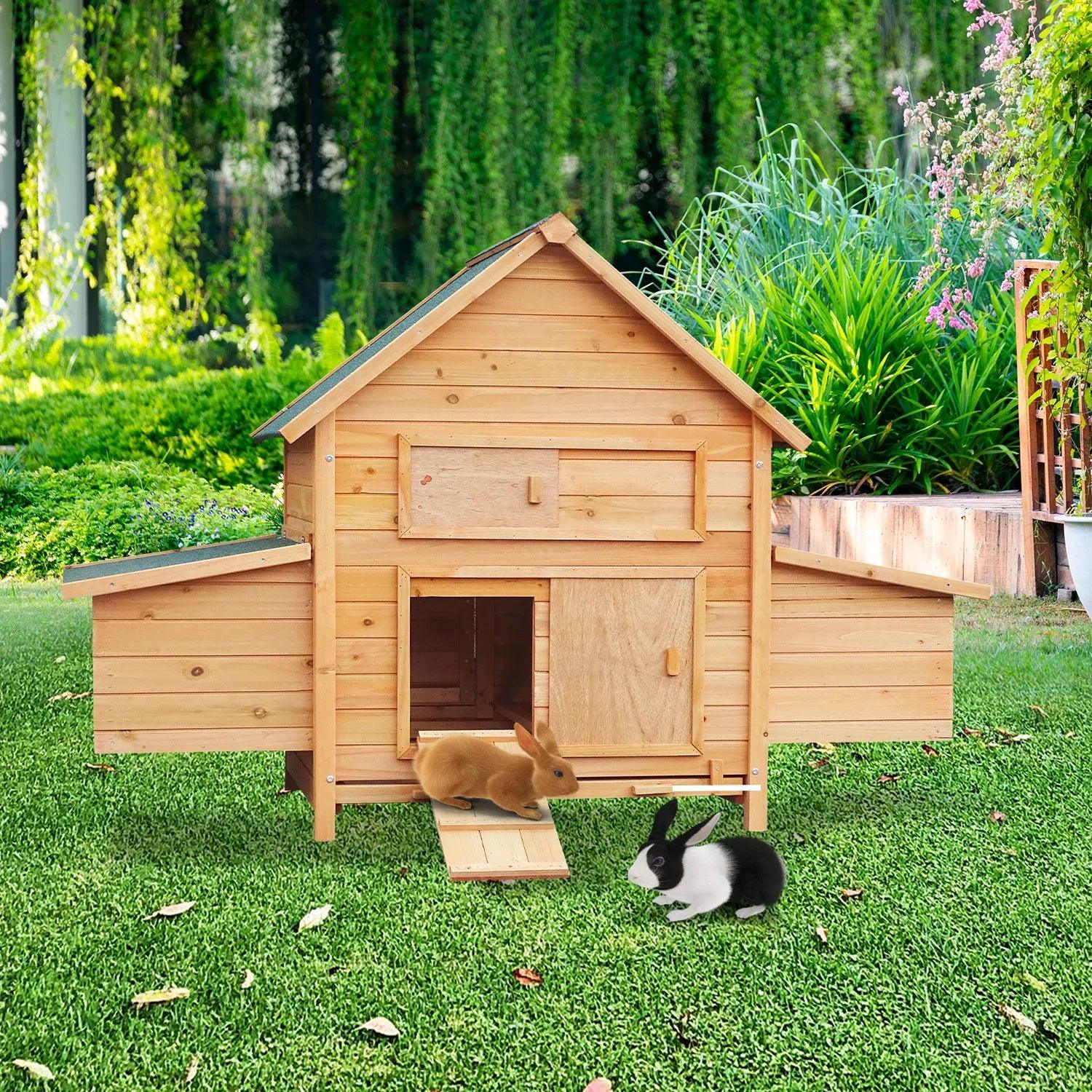 Wooden Chicken Coop & Rabbit Hutch With Ramp Nesting Boxes