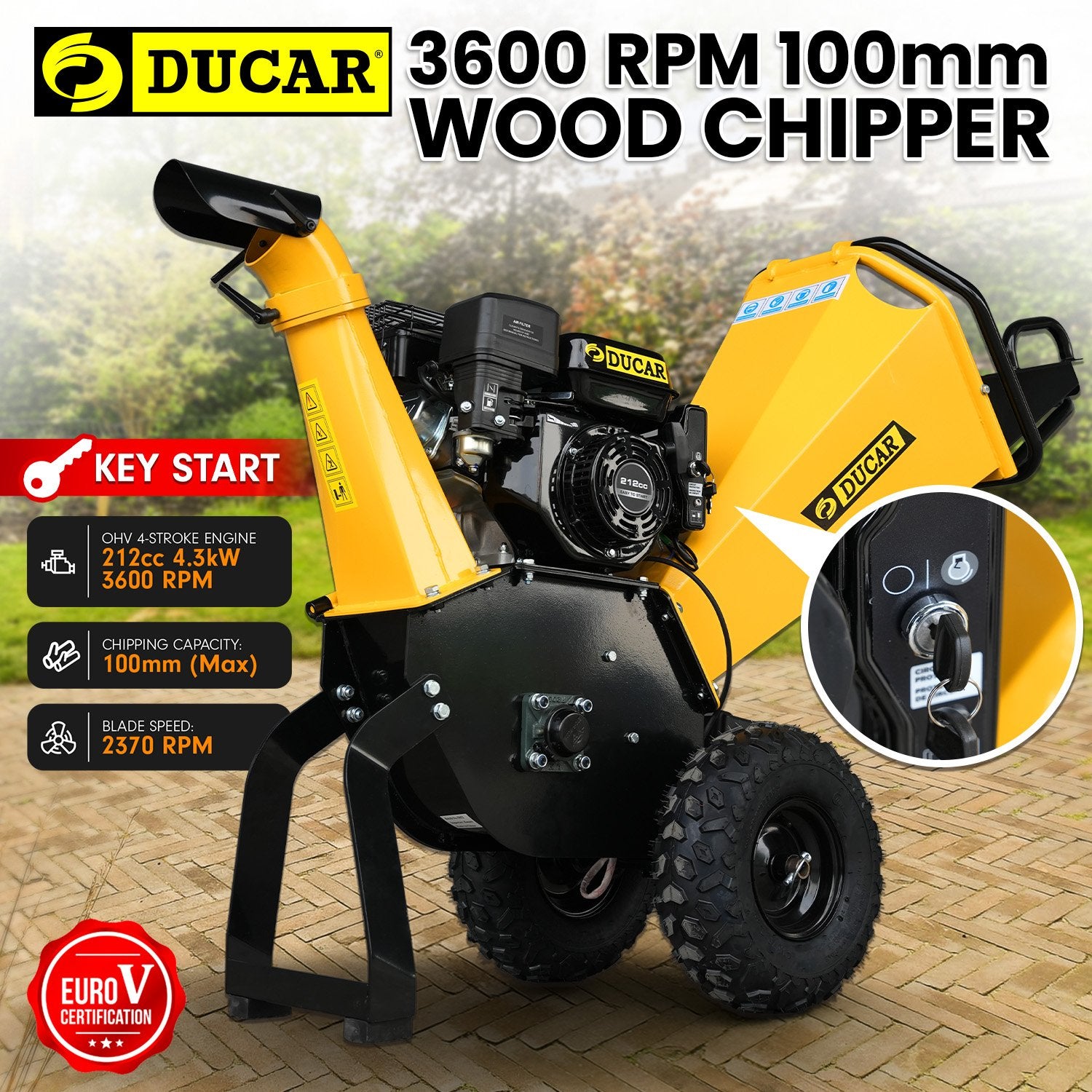 70p 3600 Rpm Yellow Black Wood Chipper Shredder Mulcher Grinder Recoil & Electrical Starting System 100mm Capacity Ohv 4-stroke Engine 212cc Unleaded Petrol